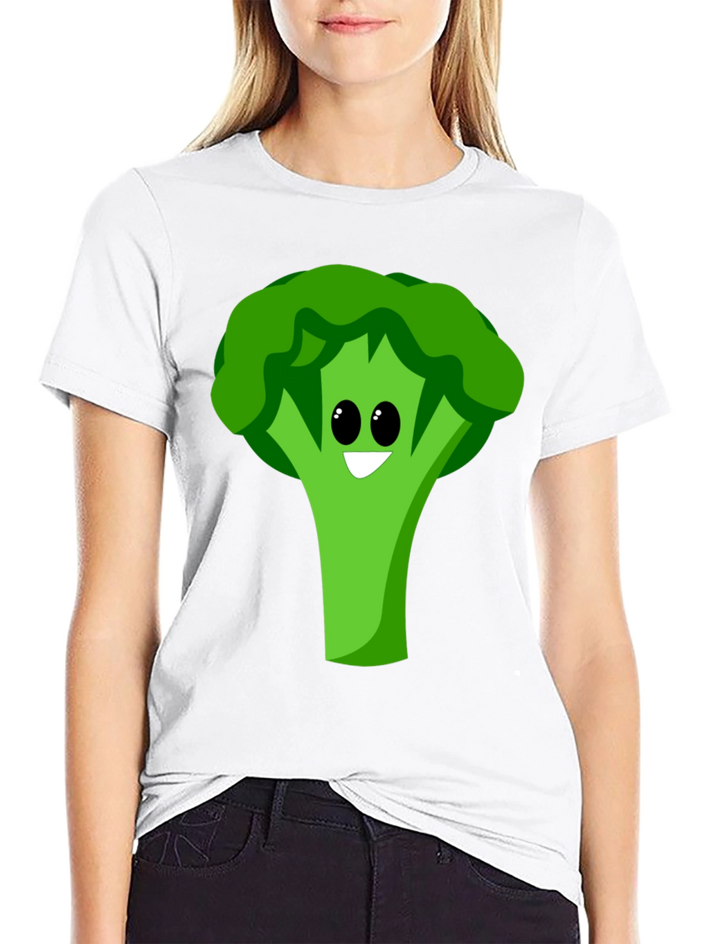 Cartoon Broccoli Graphic Tee - Black Cotton Blend