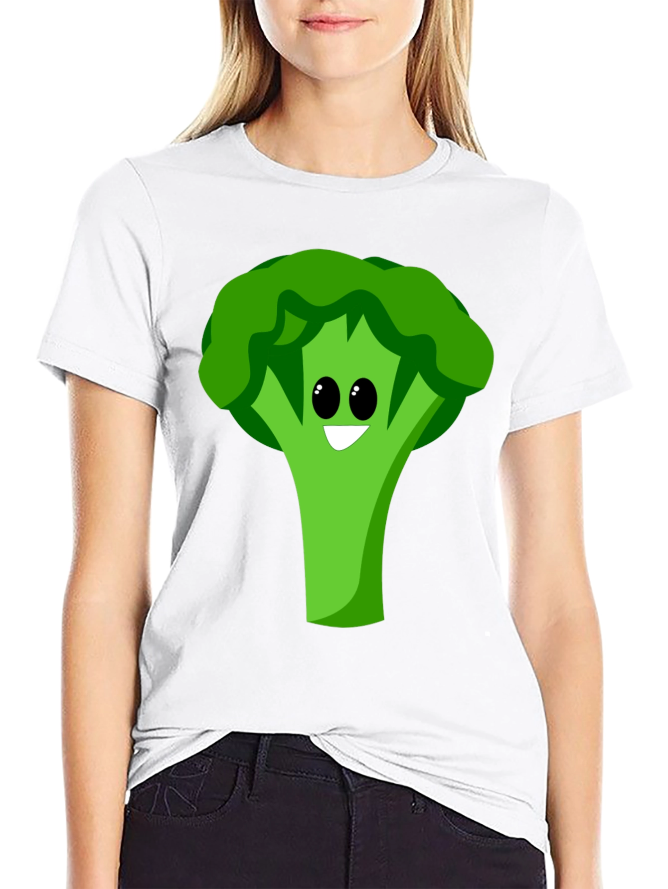 Cartoon Broccoli Graphic Tee - Black Cotton Blend