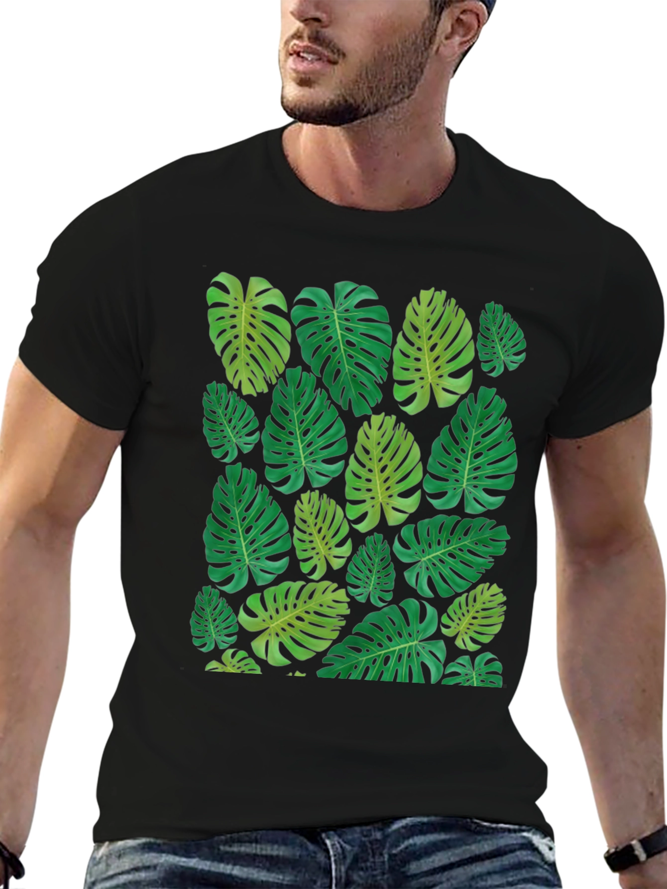 Tropical Monstera Leaf Print Black T-Shirt