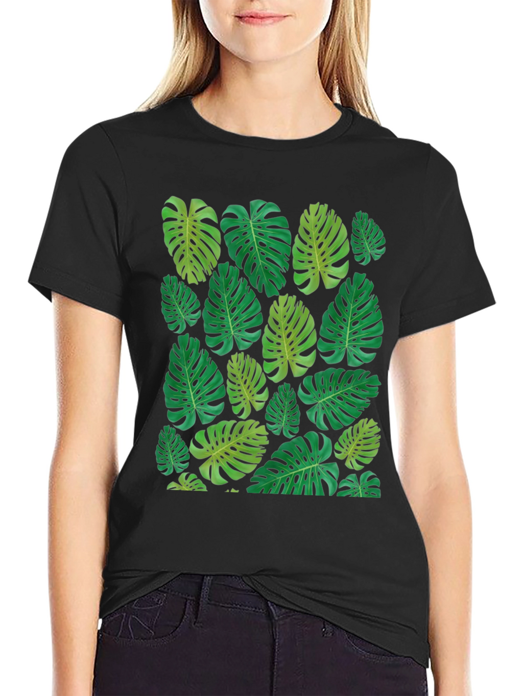 Tropical Monstera Leaf Print Black T-Shirt