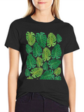 Tropical Monstera Leaf Print Black T-Shirt