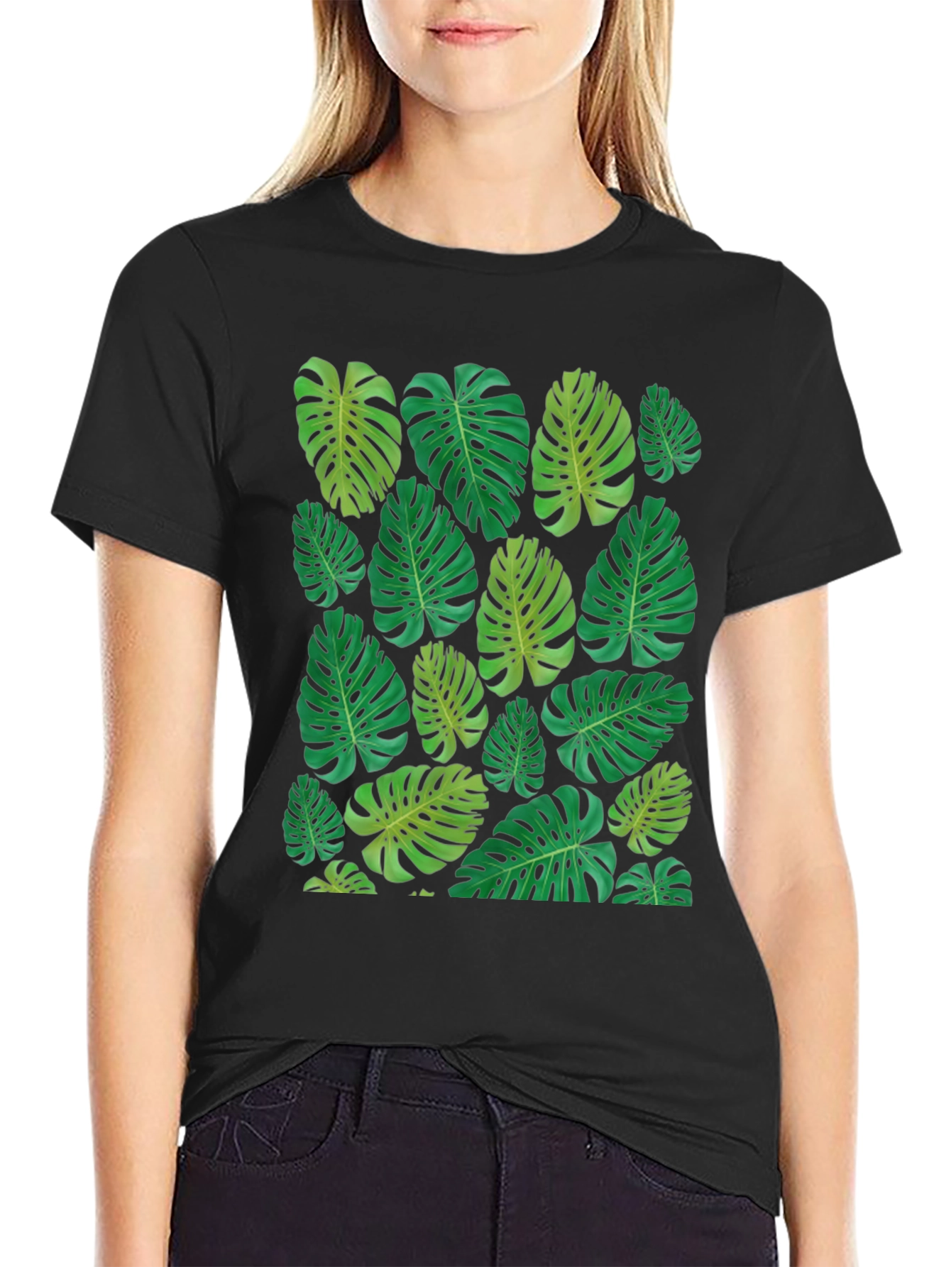 Tropical Monstera Leaf Print Black T-Shirt