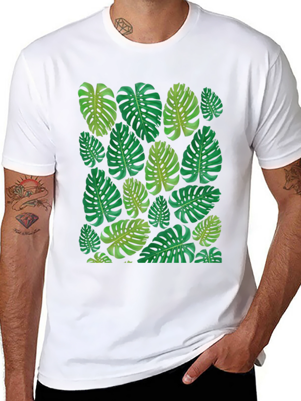 Tropical Monstera Leaf Print Black T-Shirt