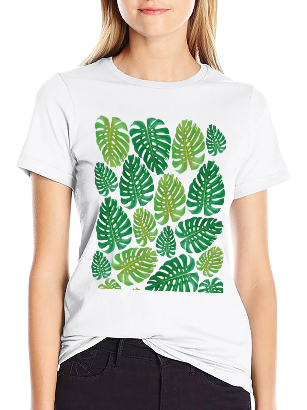 Tropical Monstera Leaf Print Black T-Shirt