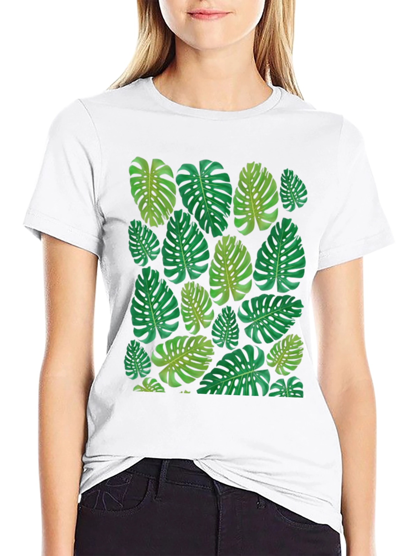 Tropical Monstera Leaf Print Black T-Shirt