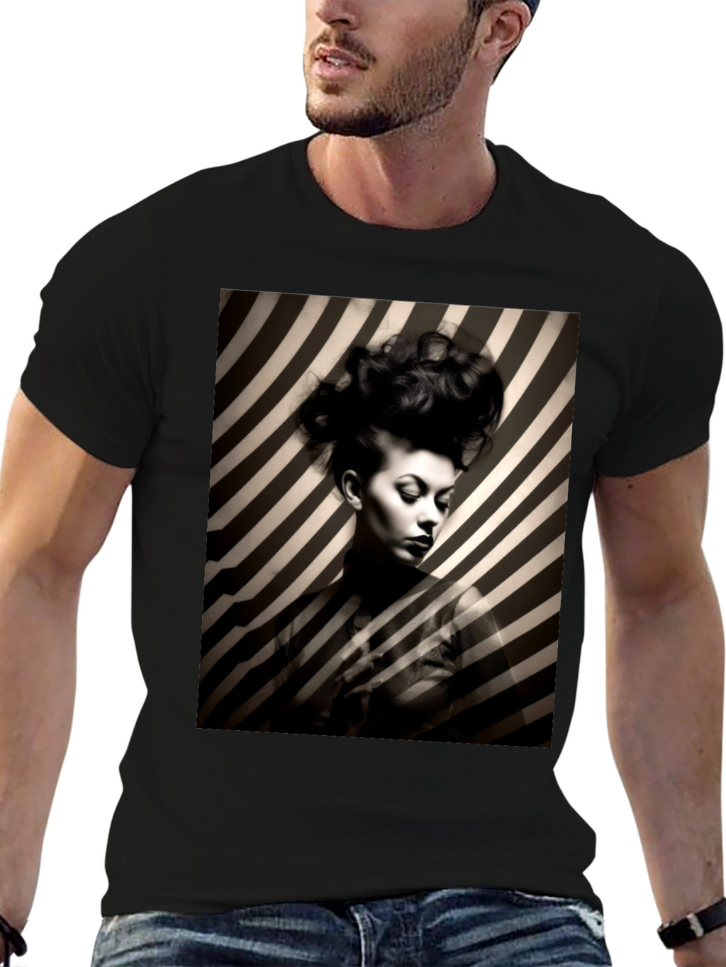 Striking Striped Portrait Graphic Tee - Bold Style