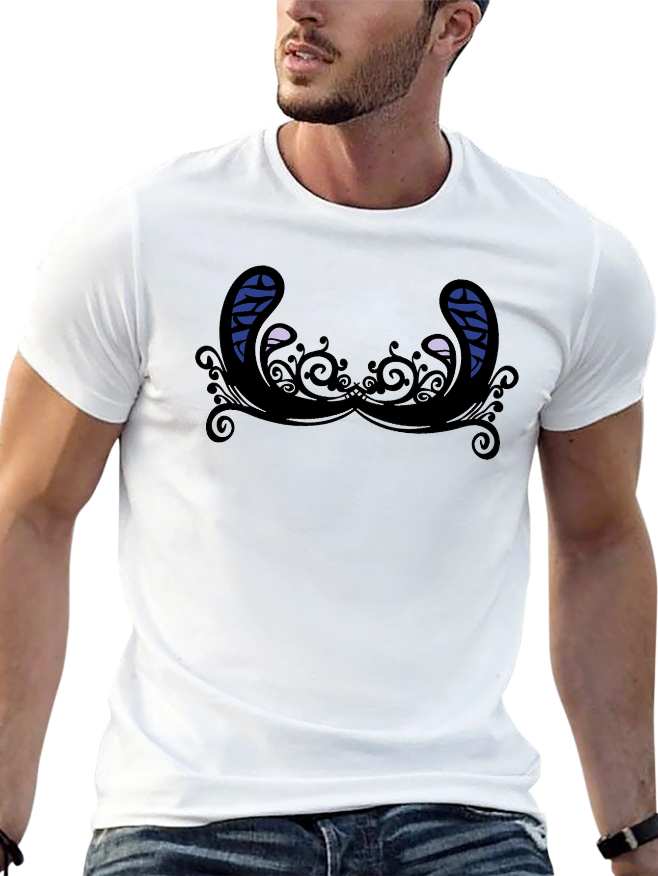 Novelty Graphic T-Shirt - Quirky Mustache Design Black Tee