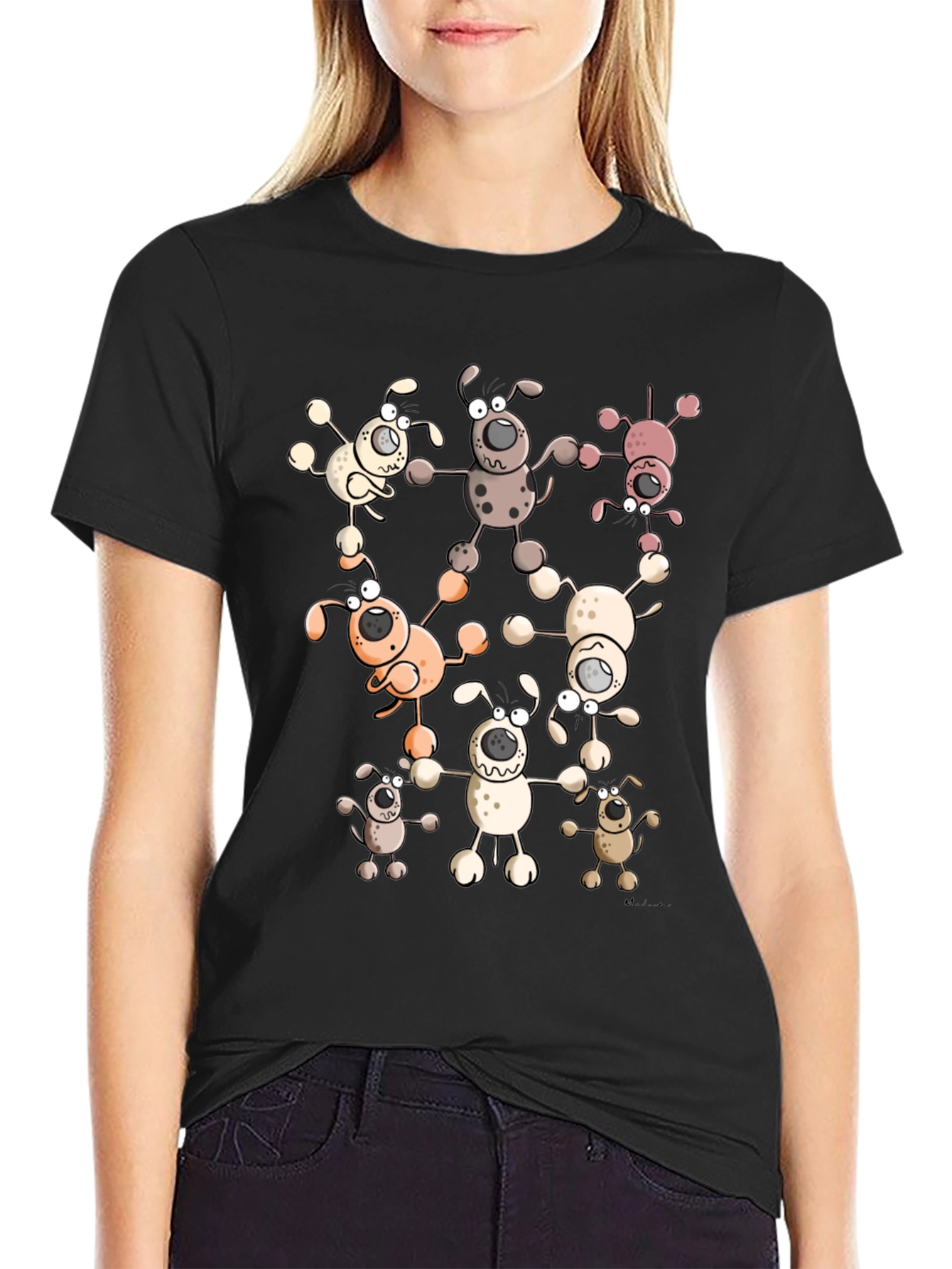 Cartoon Dog Print Black T-Shirt
