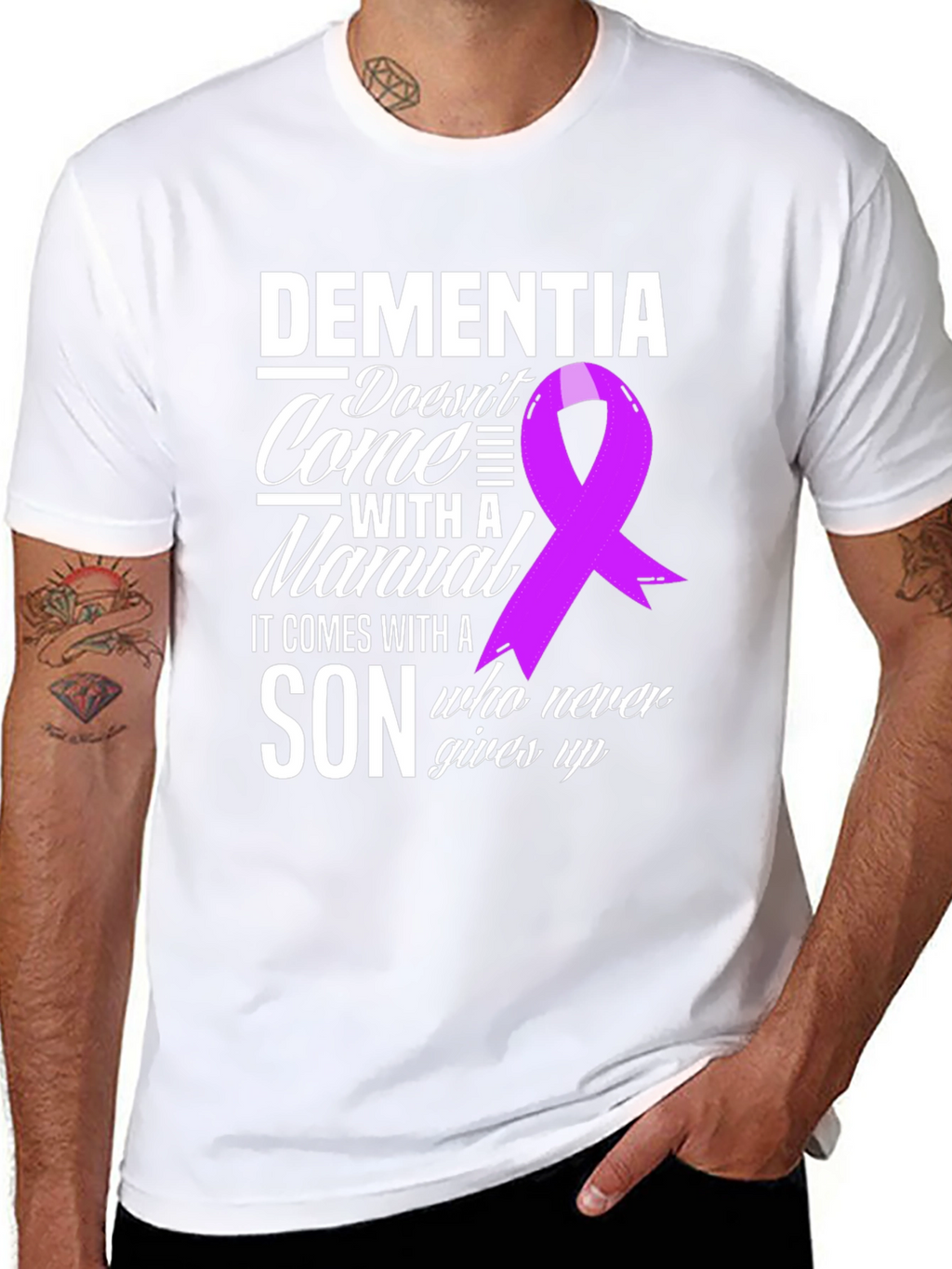 Dementia Awareness T-Shirt: Son Never Gives Up Ribbon Tee
