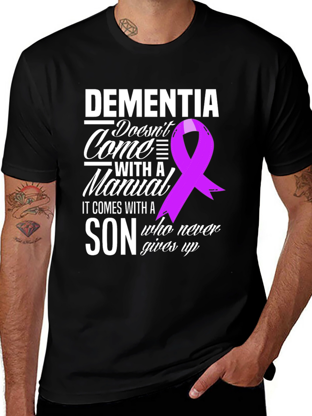 Dementia Awareness T-Shirt: Son Never Gives Up Ribbon Tee