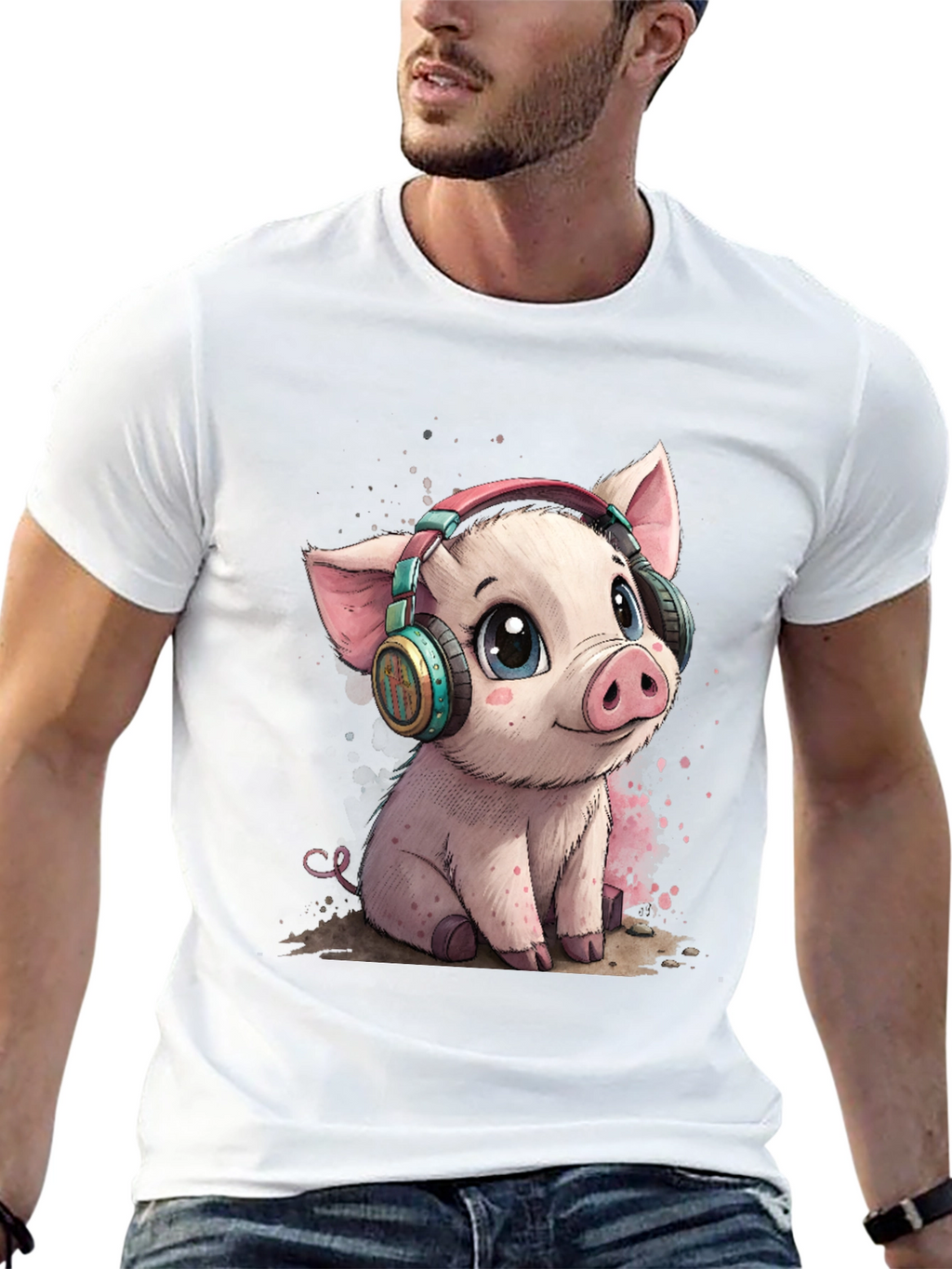 Cute Pig with Headphones Graphic Tee