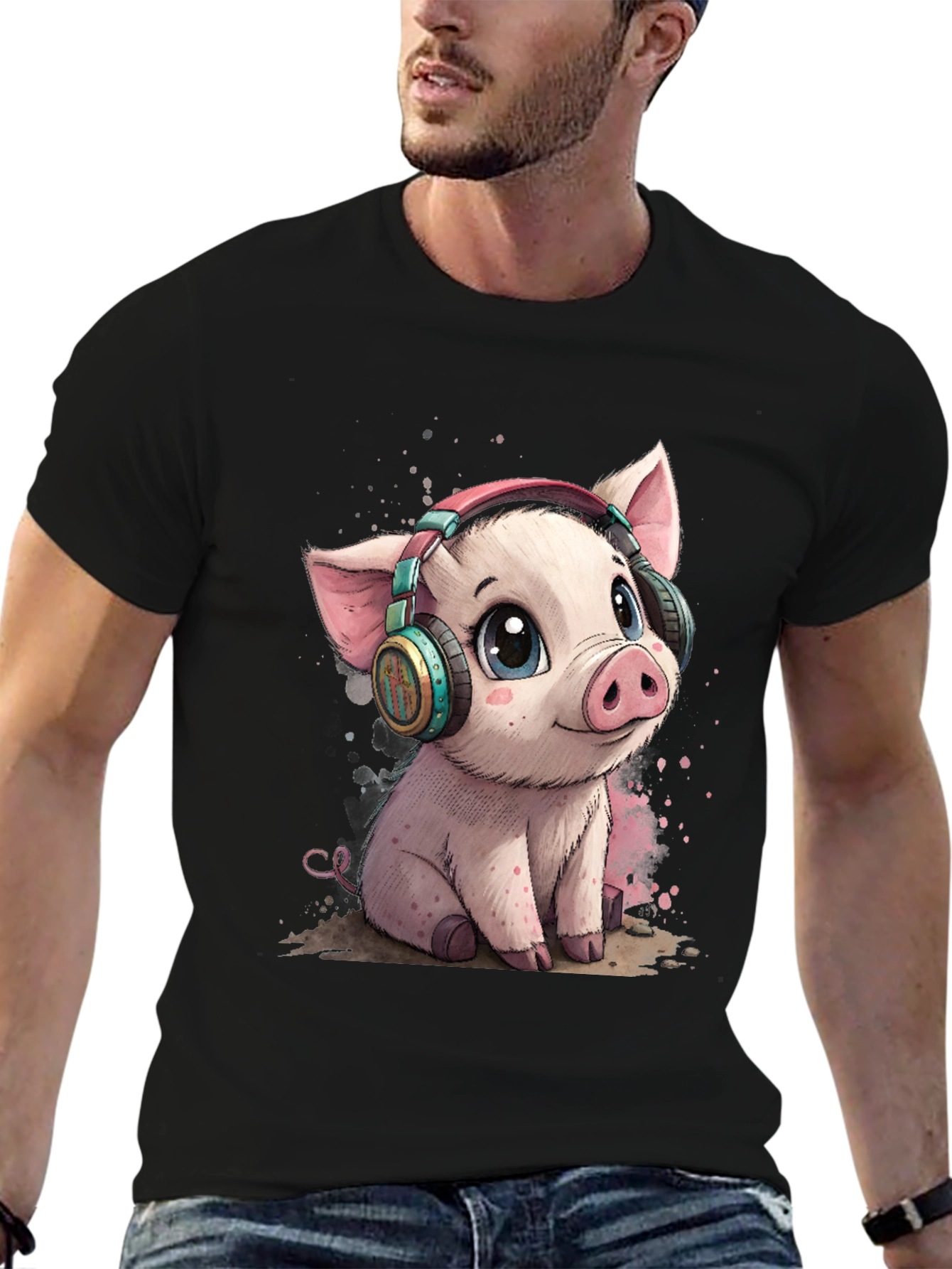 Cute Pig with Headphones Graphic Tee