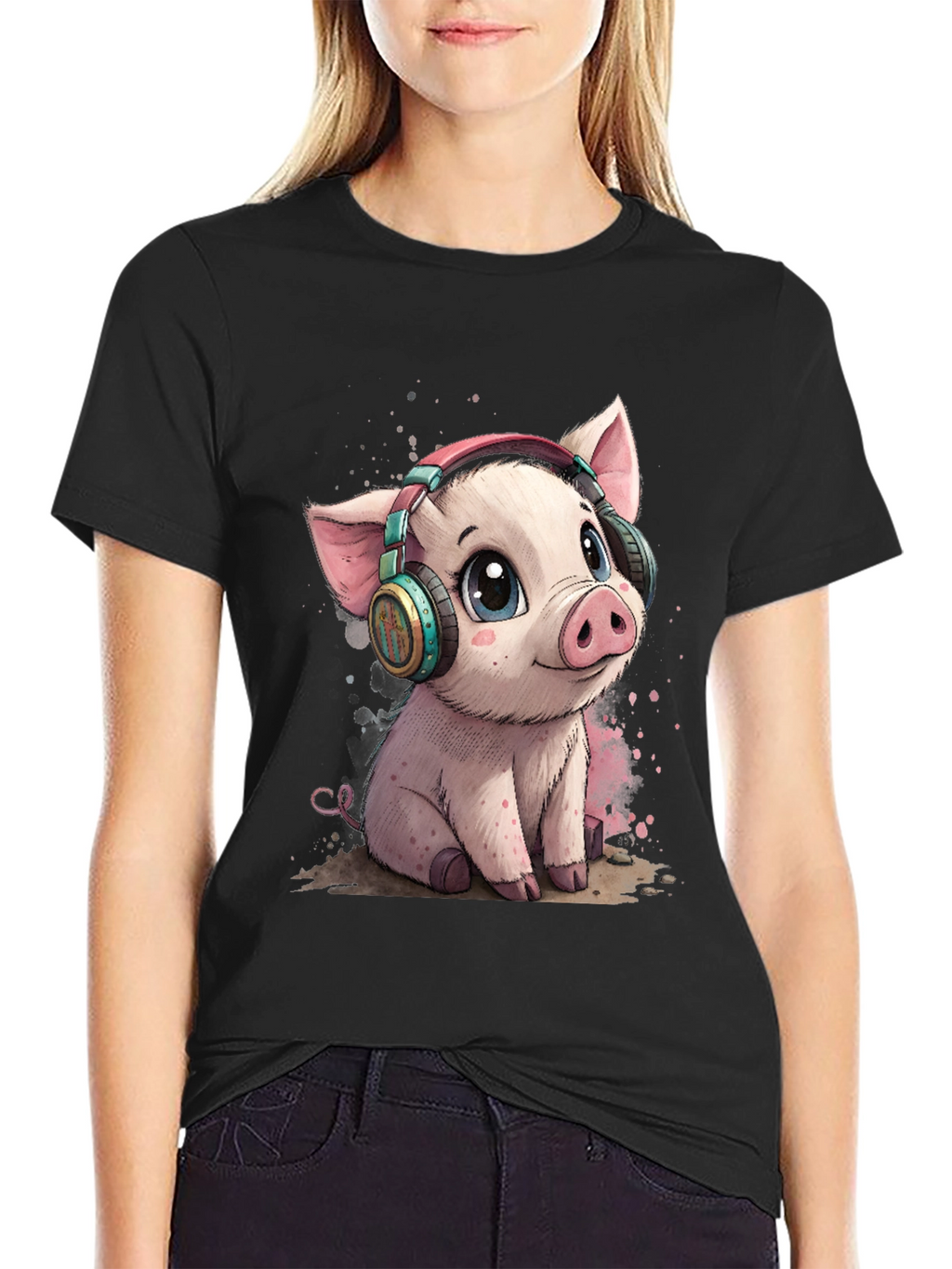 Cute Pig with Headphones Graphic Tee