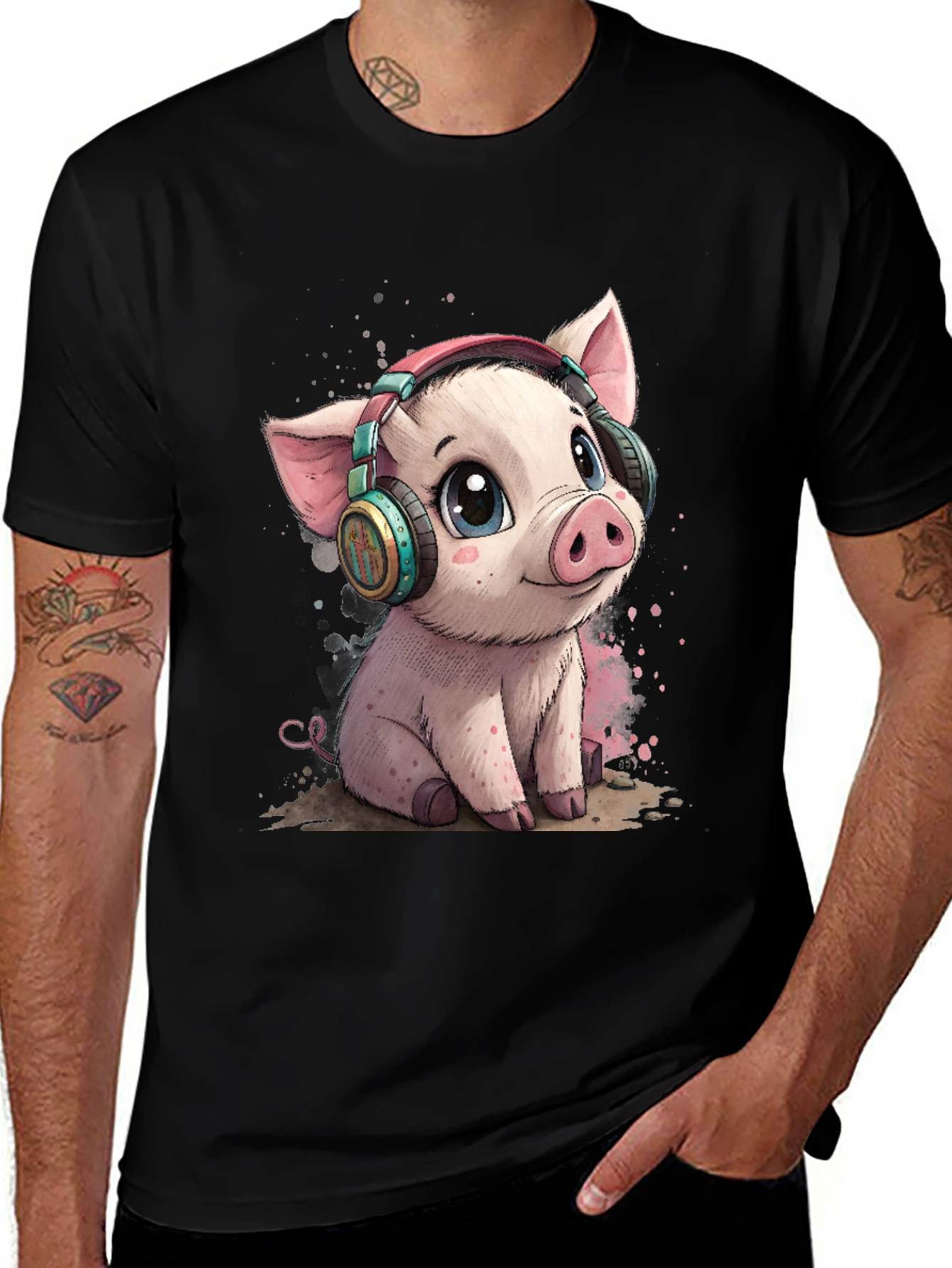 Cute Pig with Headphones Graphic Tee