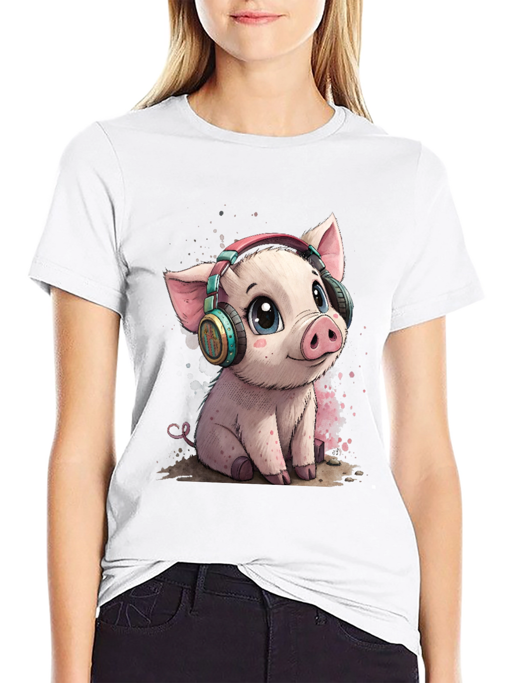Cute Pig with Headphones Graphic Tee