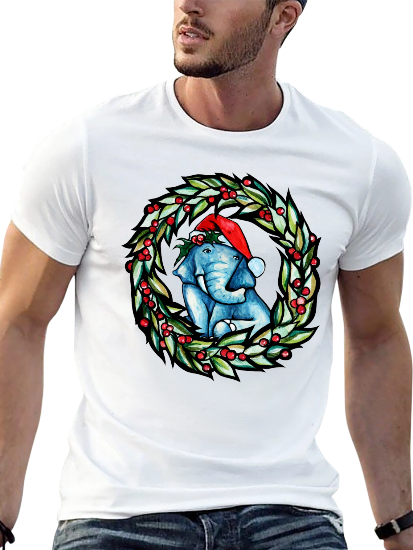 Festive Elephant Christmas Wreath T-Shirt