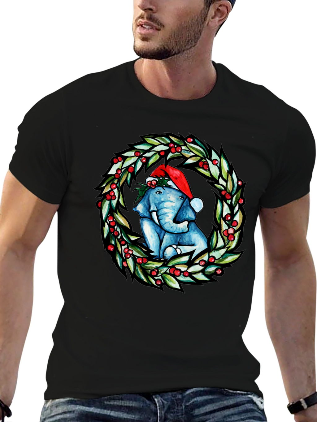 Festive Elephant Christmas Wreath T-Shirt