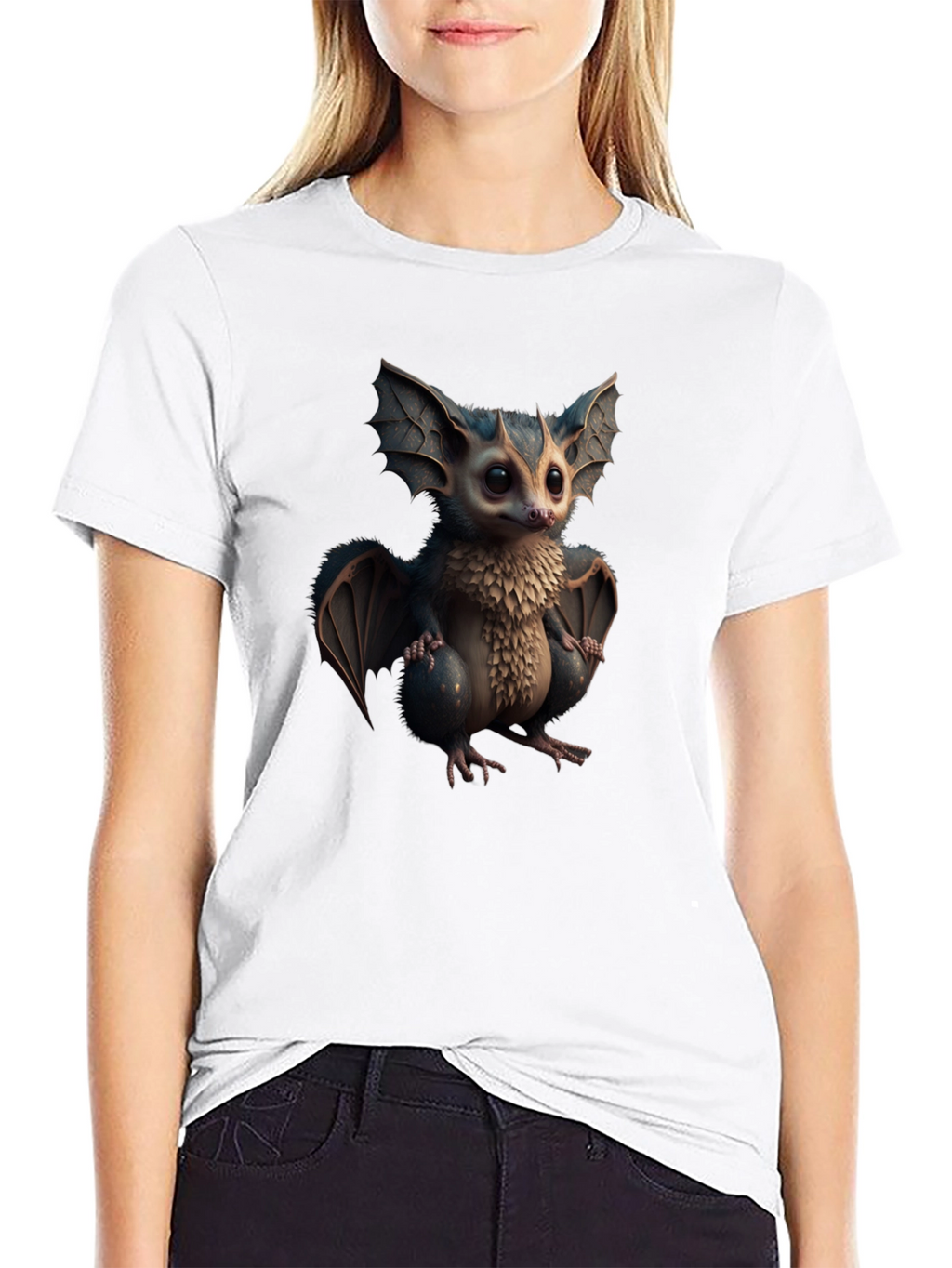 Cute Cartoon Bat Graphic Tee - Black