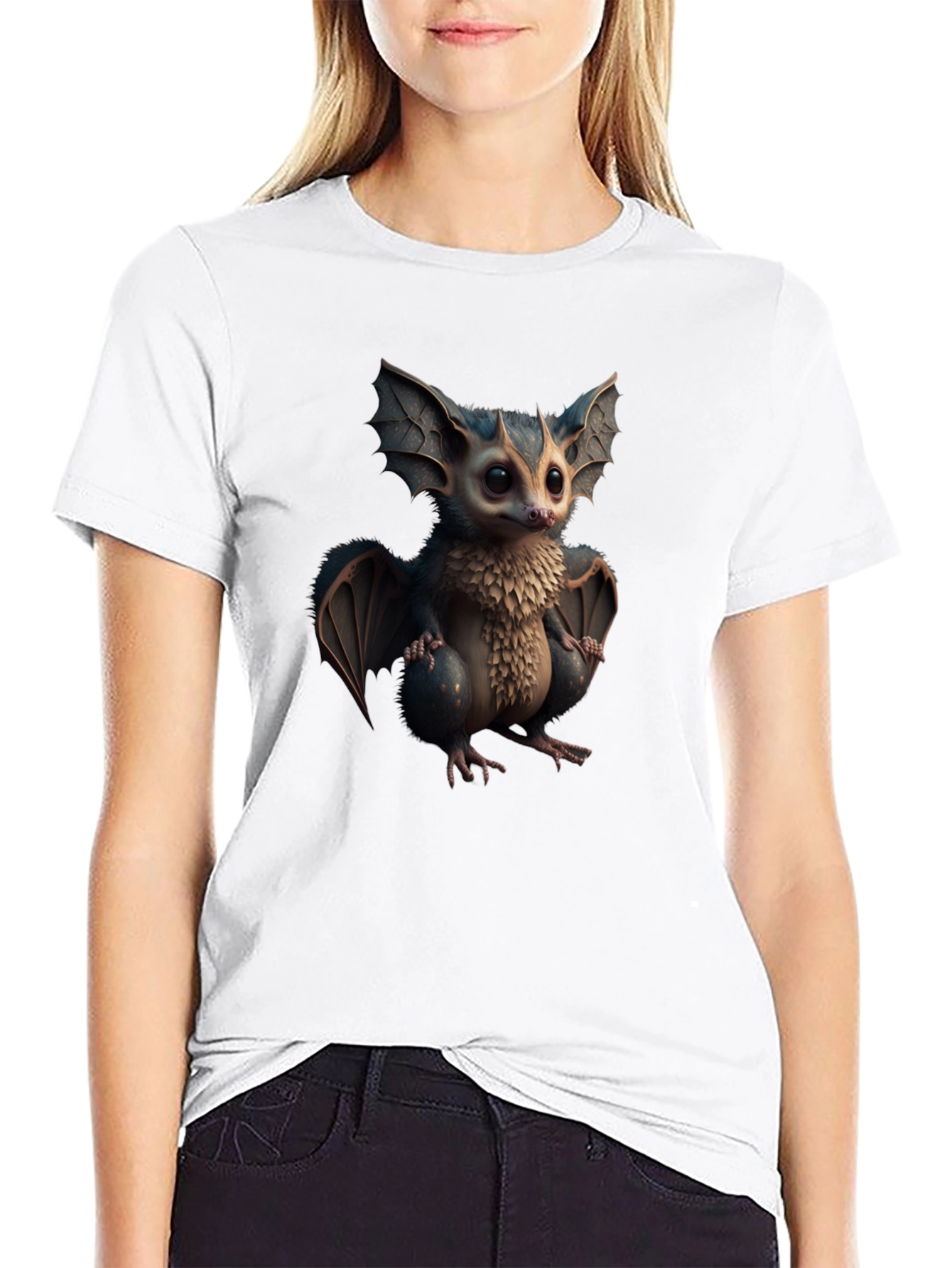 Cute Cartoon Bat Graphic Tee - Black