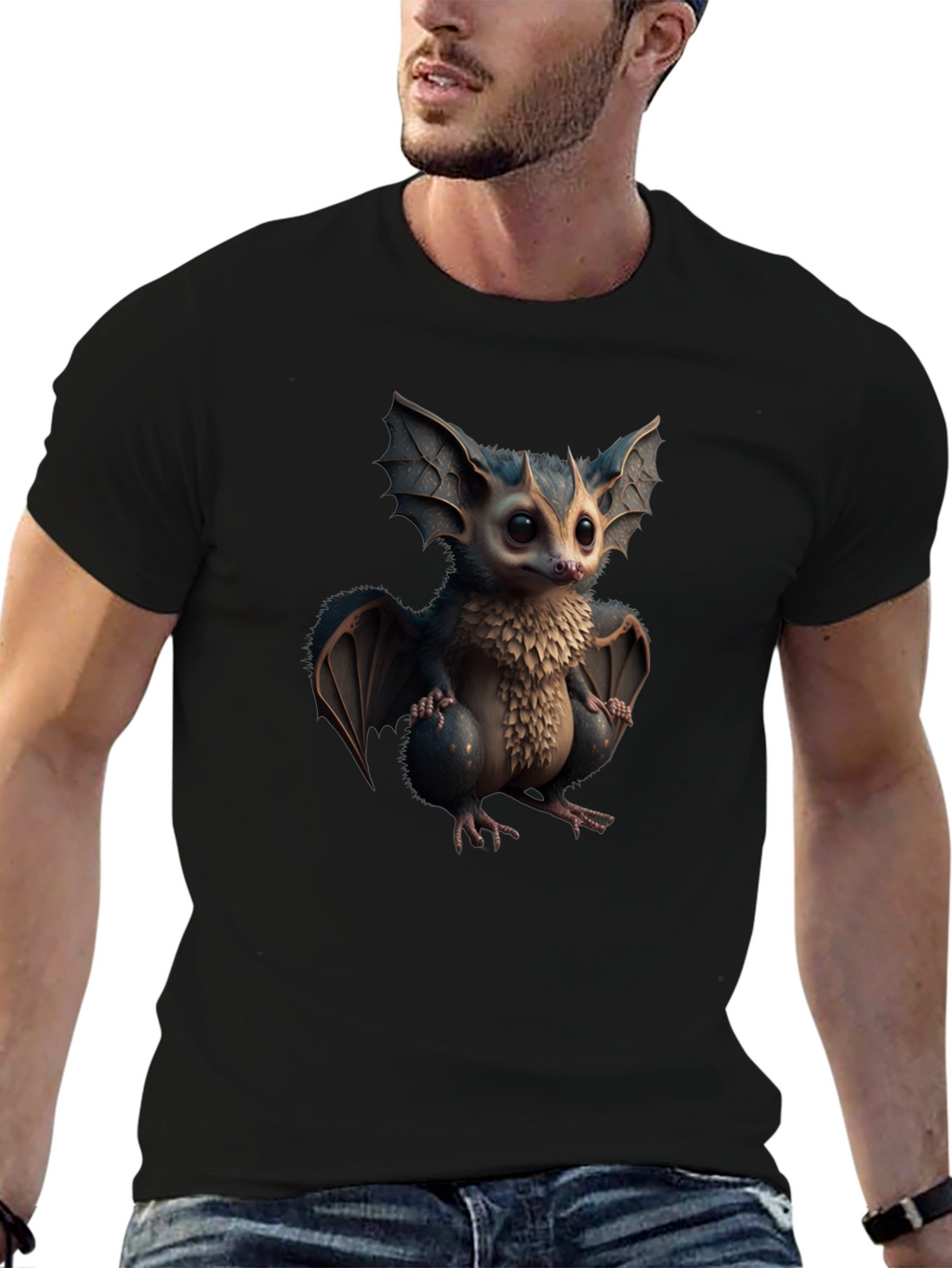 Cute Cartoon Bat Graphic Tee - Black