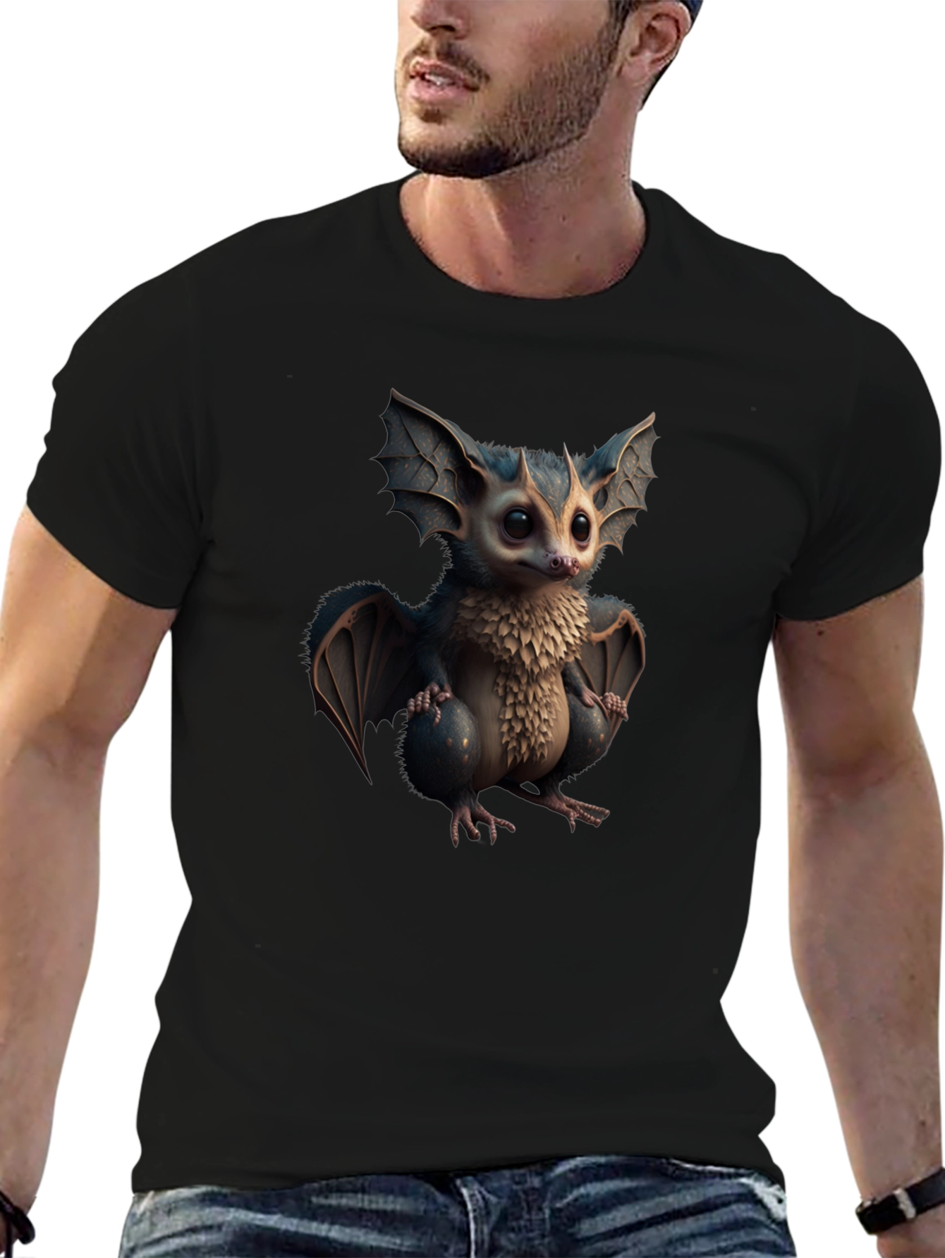 Cute Cartoon Bat Graphic Tee - Black