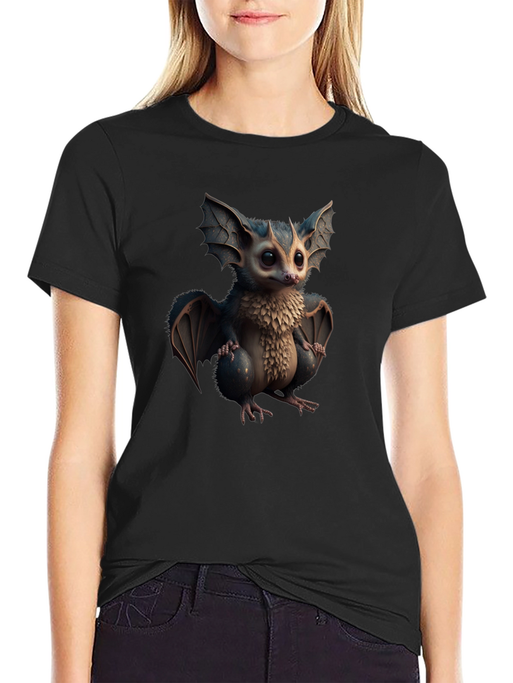 Cute Cartoon Bat Graphic Tee - Black