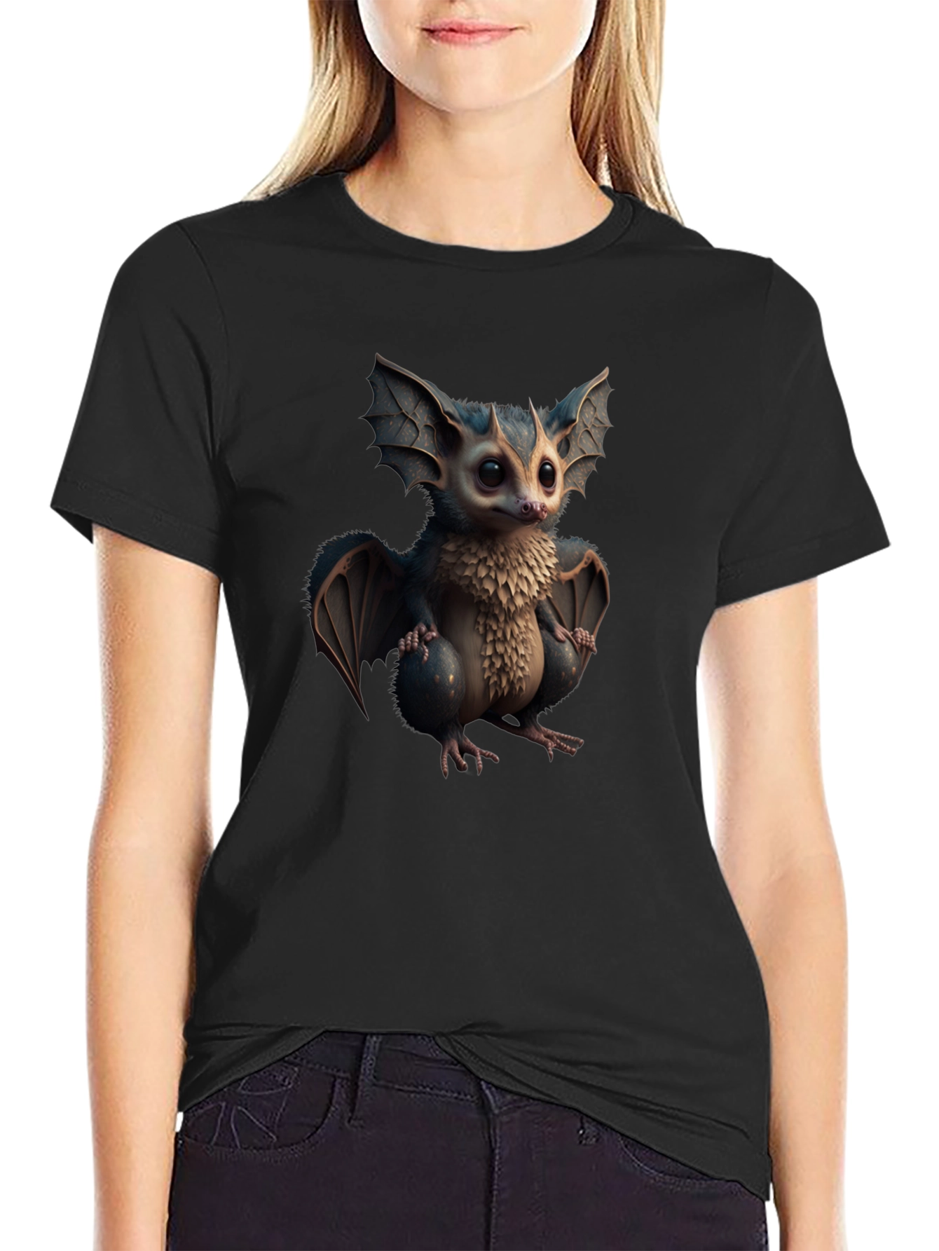 Cute Cartoon Bat Graphic Tee - Black