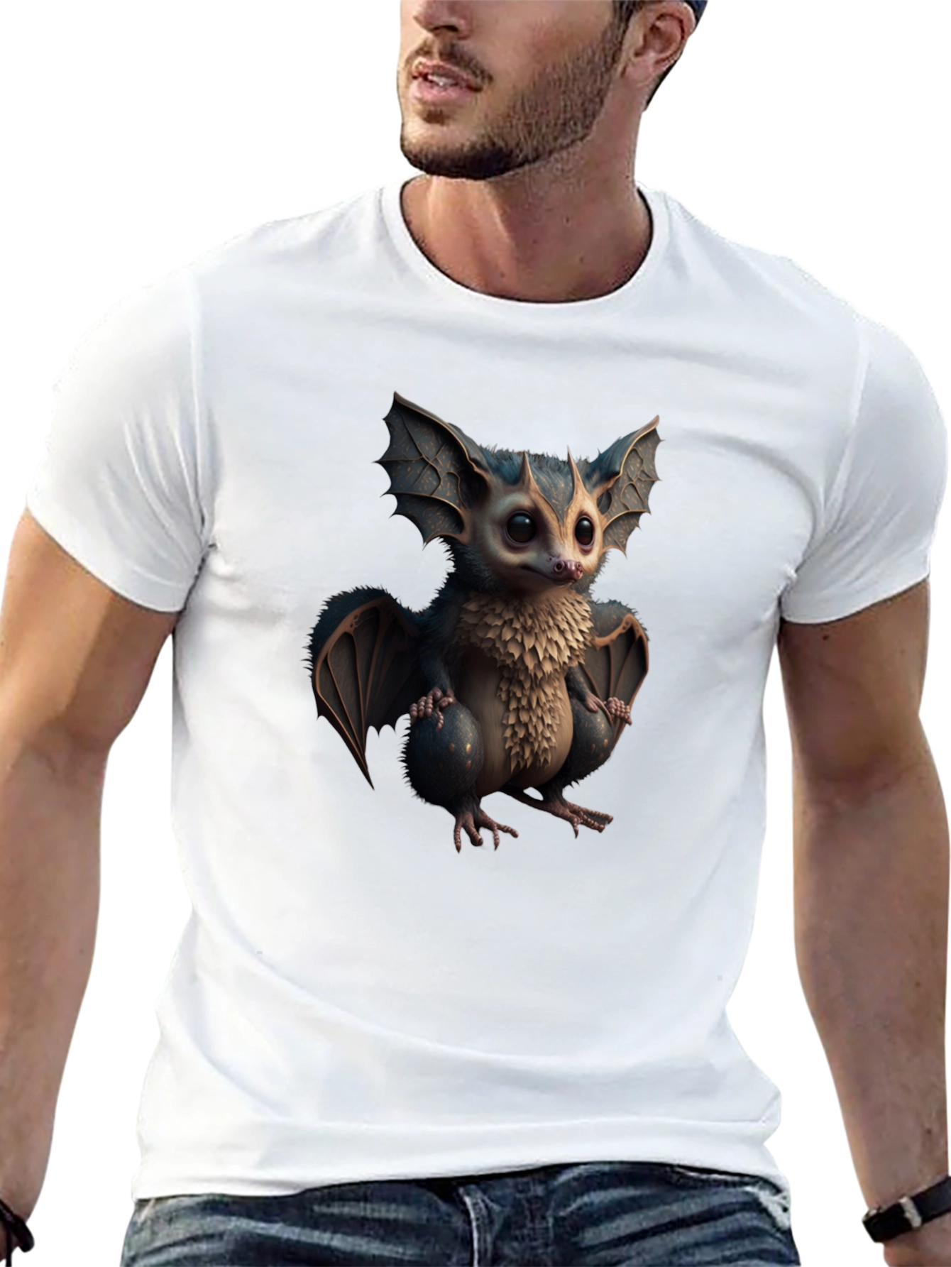 Cute Cartoon Bat Graphic Tee - Black