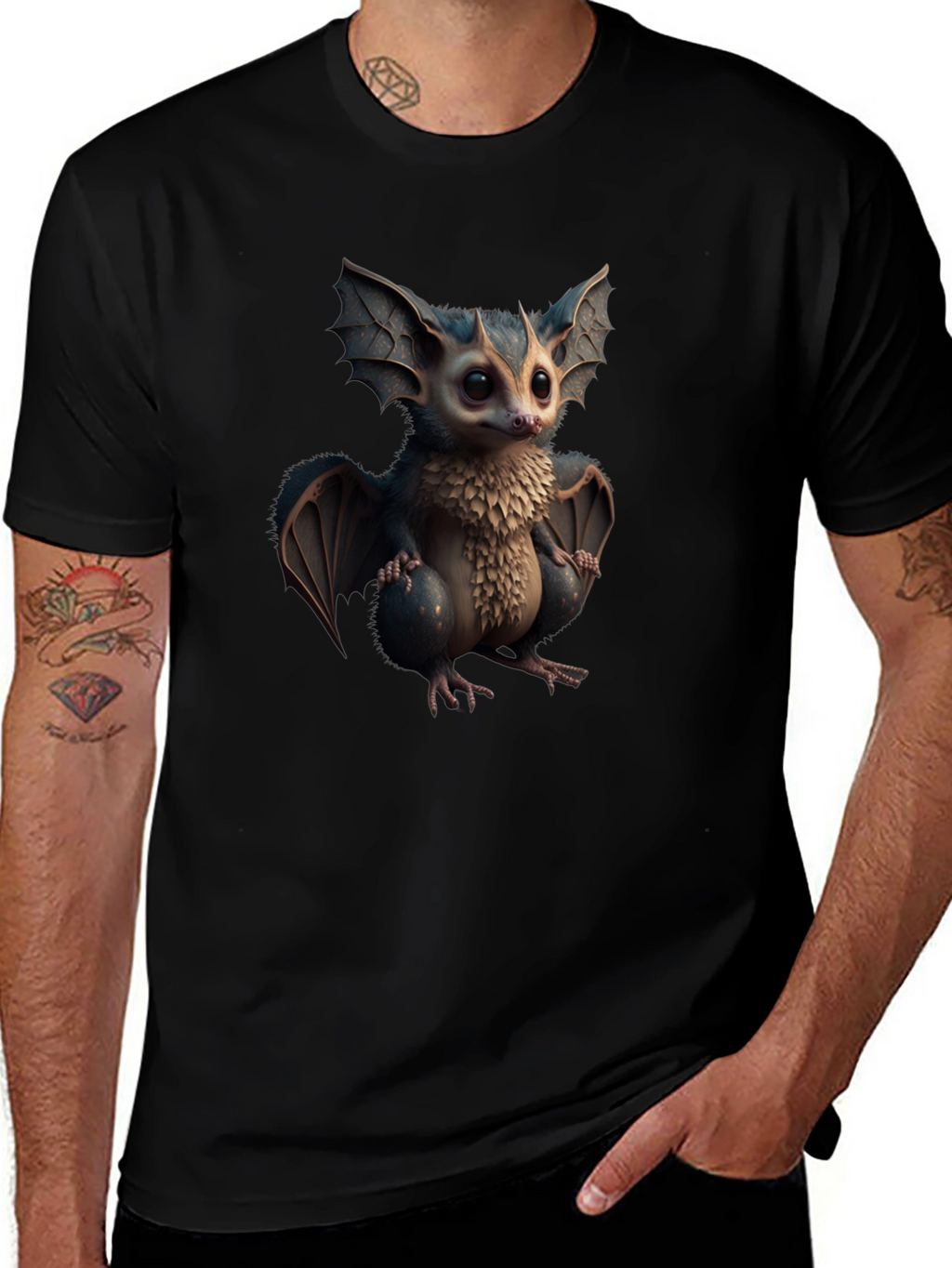 Cute Cartoon Bat Graphic Tee - Black