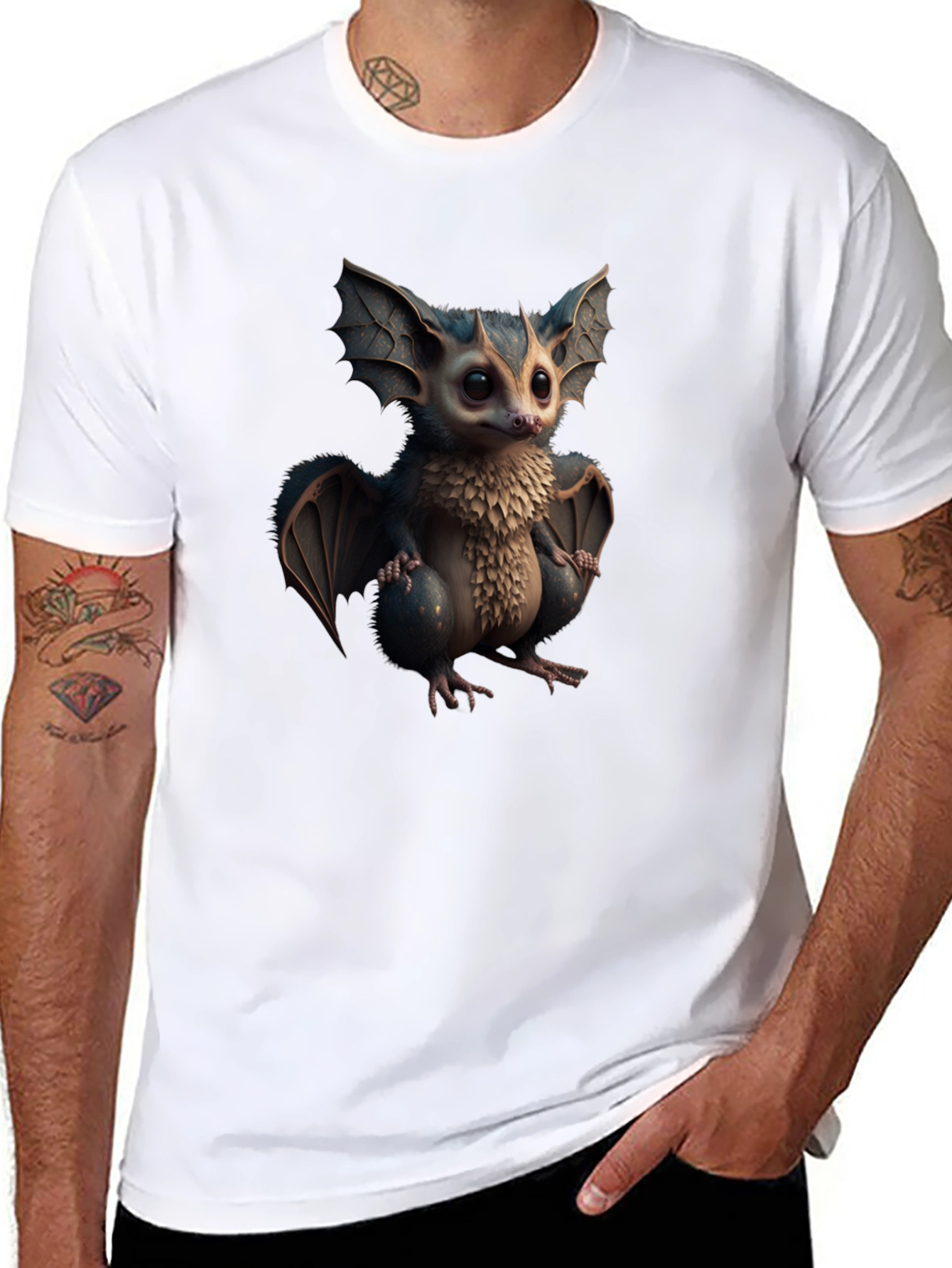 Cute Cartoon Bat Graphic Tee - Black