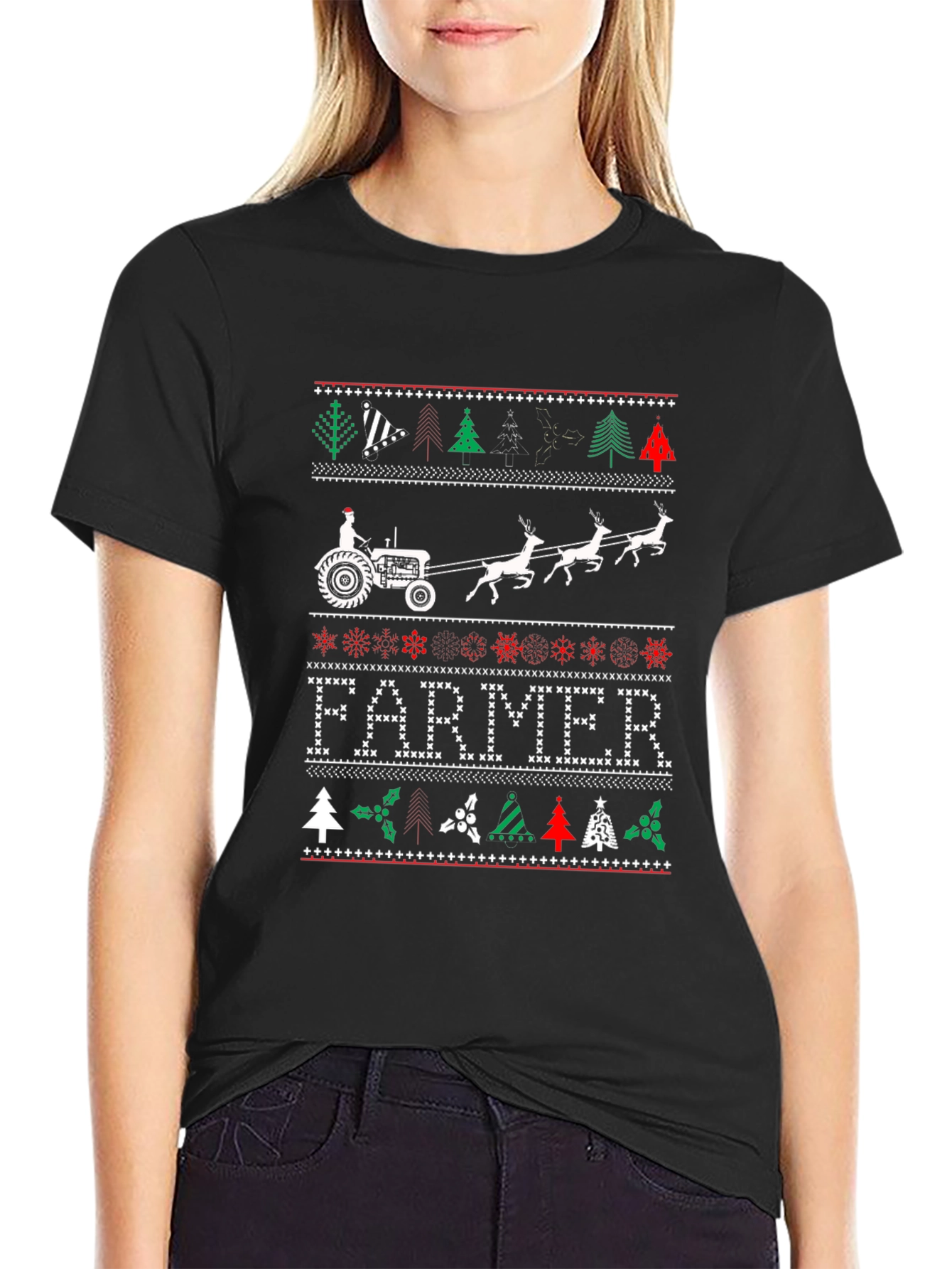 Farmer Christmas Tractor Ugly Sweater Graphic Tee