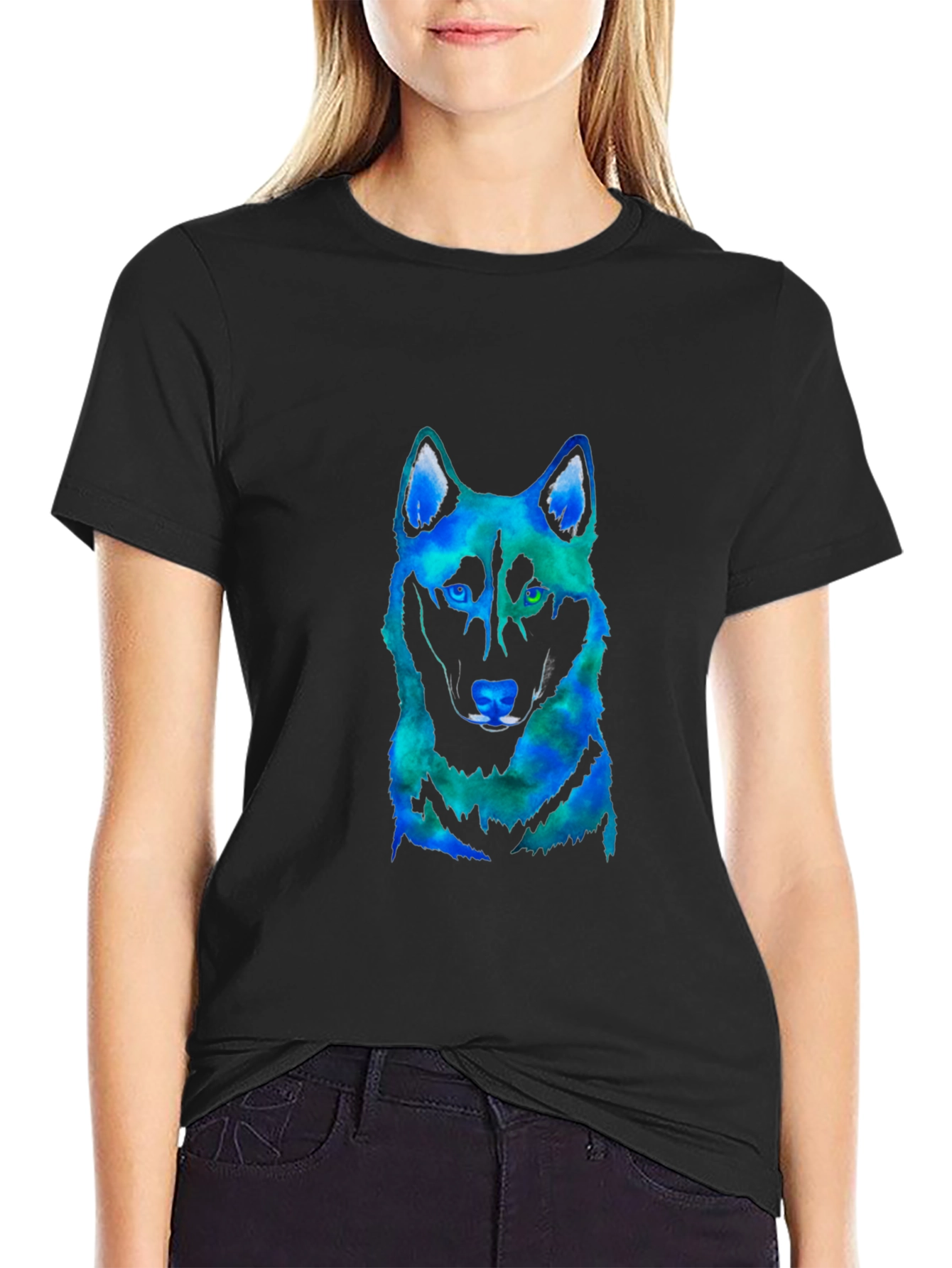Mens Black T-Shirt with Colorful Wolf Graphic
