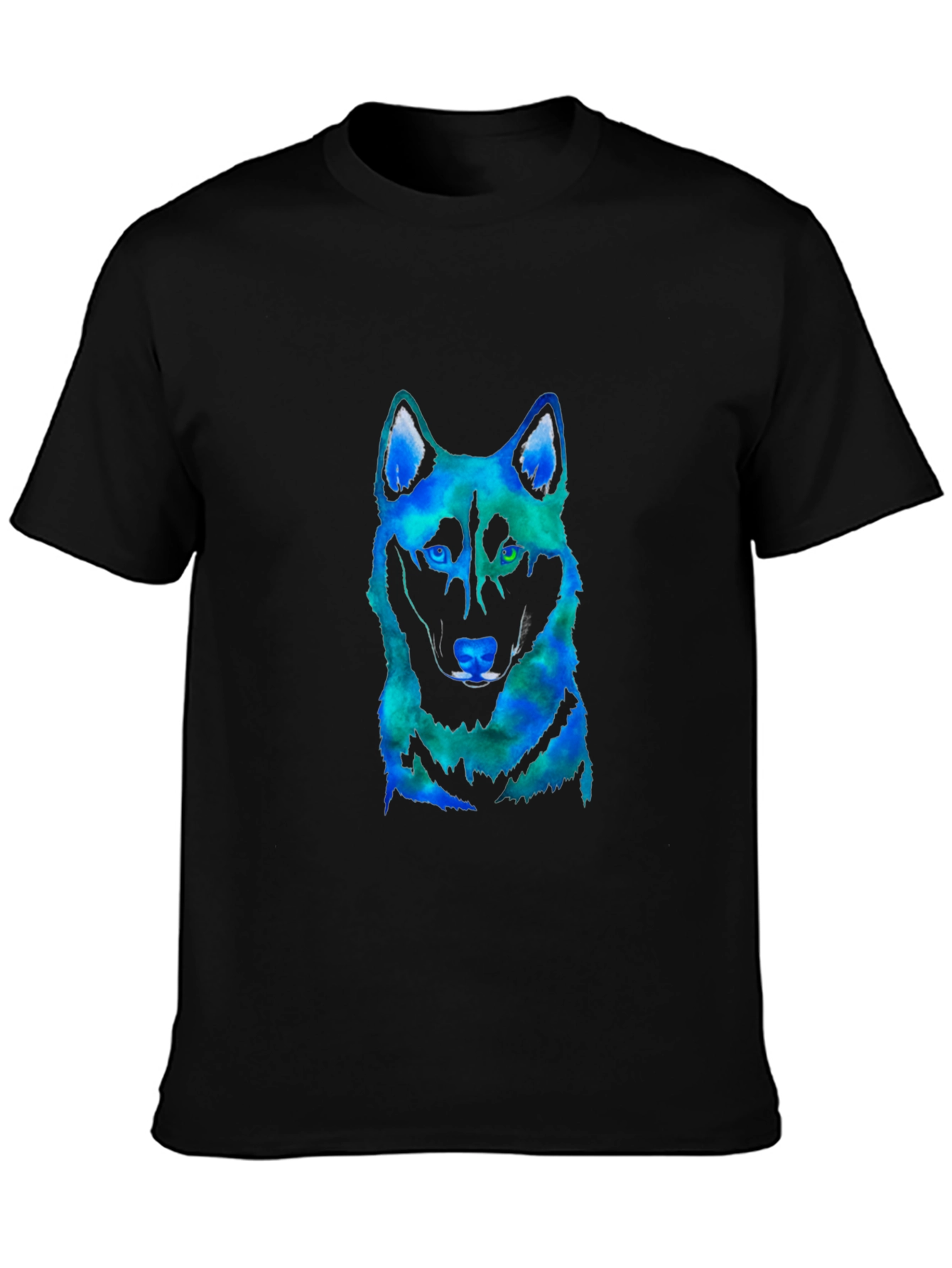 Mens Black T-Shirt with Colorful Wolf Graphic