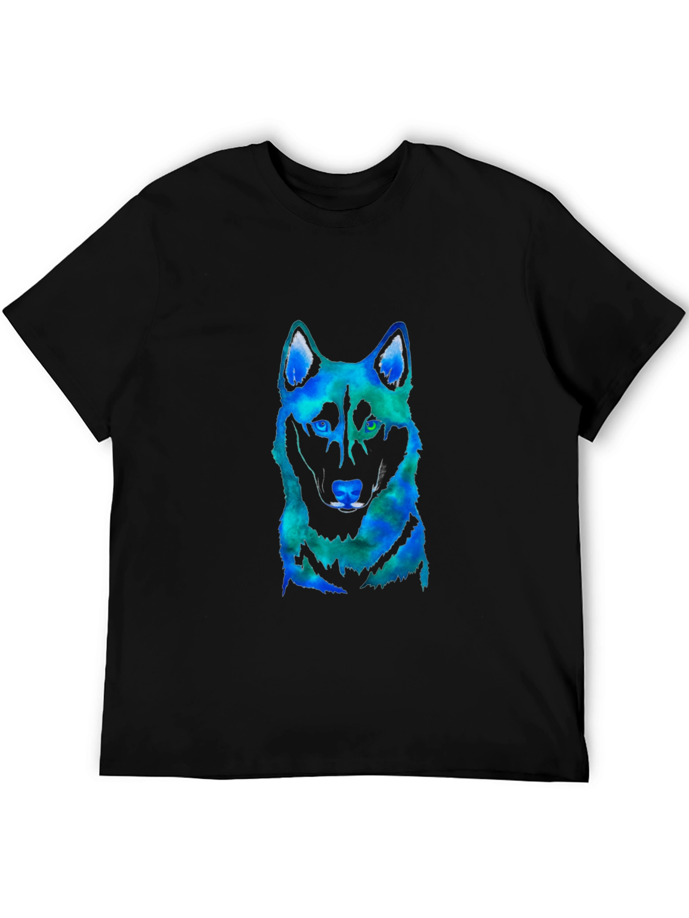 Mens Black T-Shirt with Colorful Wolf Graphic