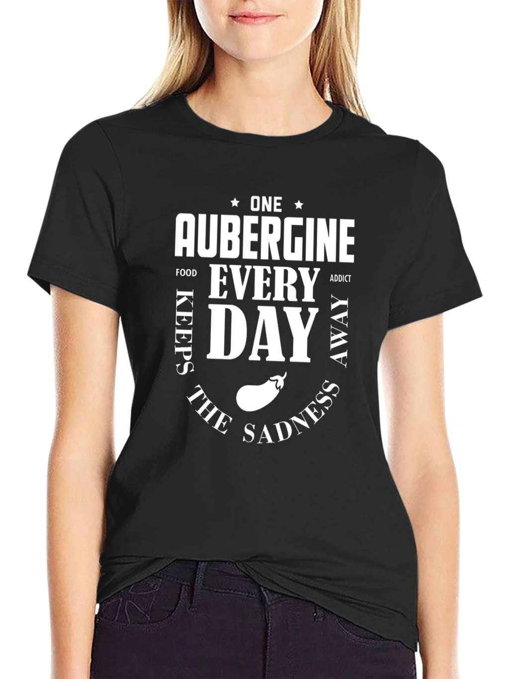 Aubergine Foodie T-Shirt: One a Day Keeps Sadness Away
