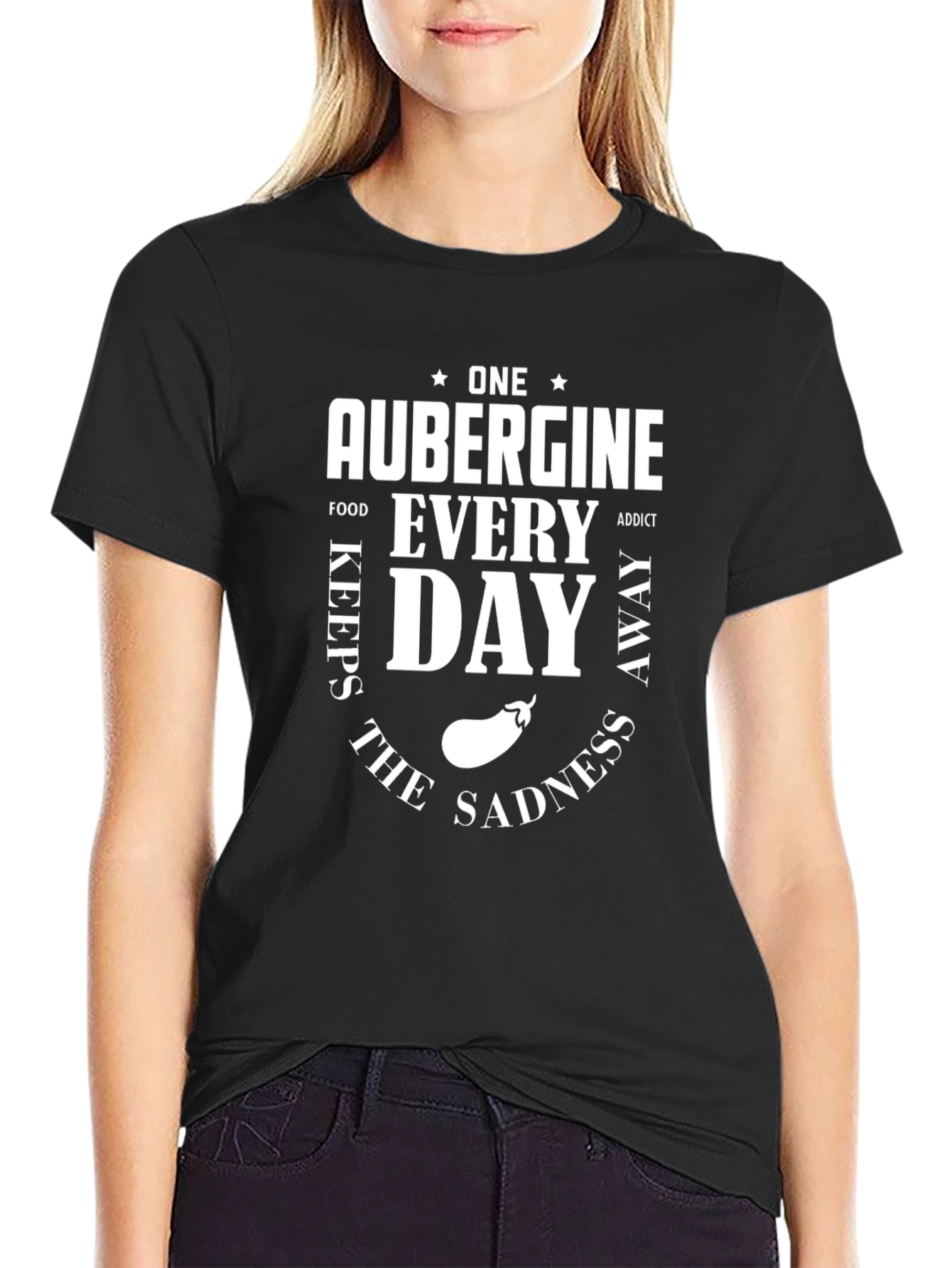 Aubergine Foodie T-Shirt: One a Day Keeps Sadness Away