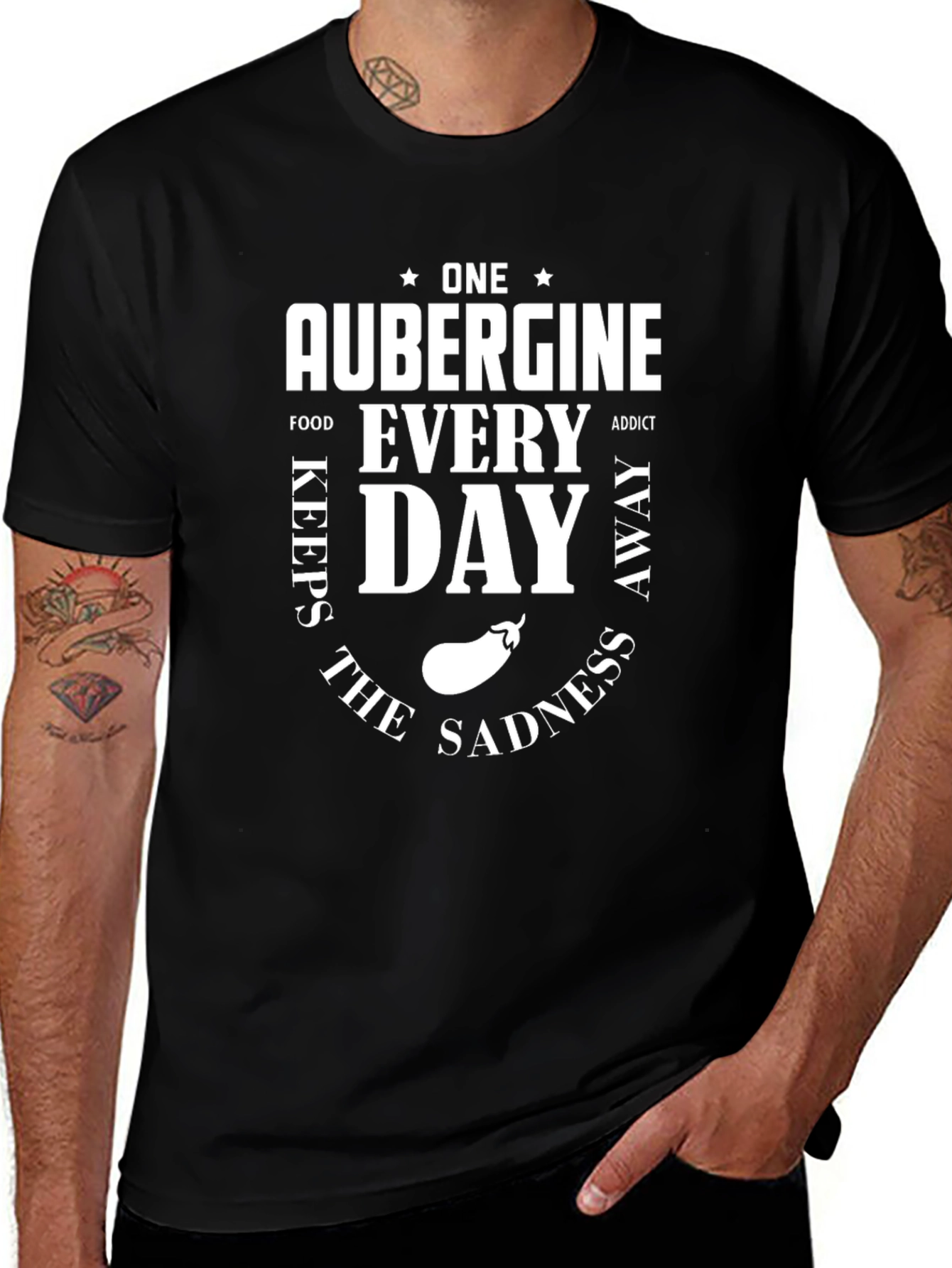 Aubergine Foodie T-Shirt: One a Day Keeps Sadness Away