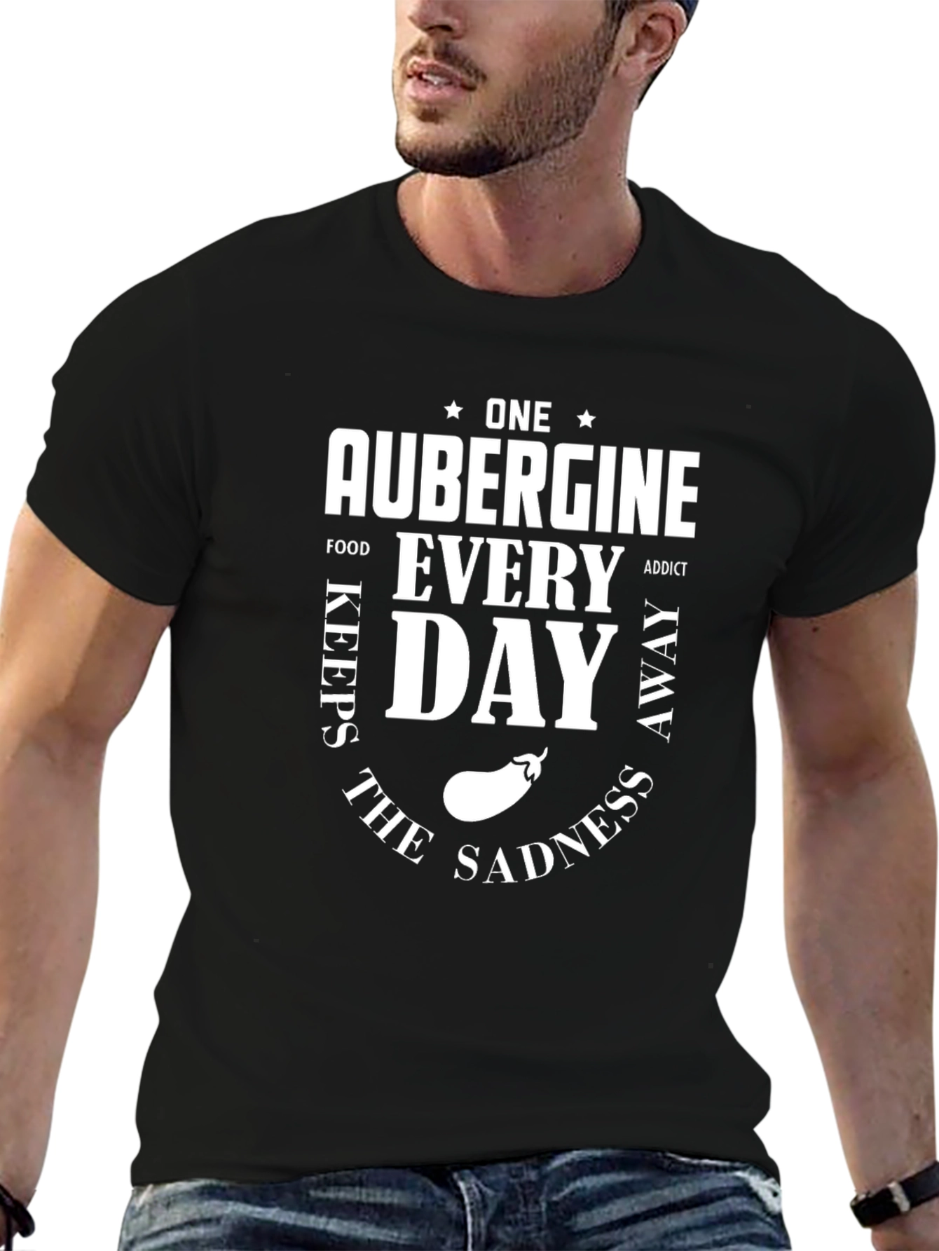 Aubergine Foodie T-Shirt: One a Day Keeps Sadness Away