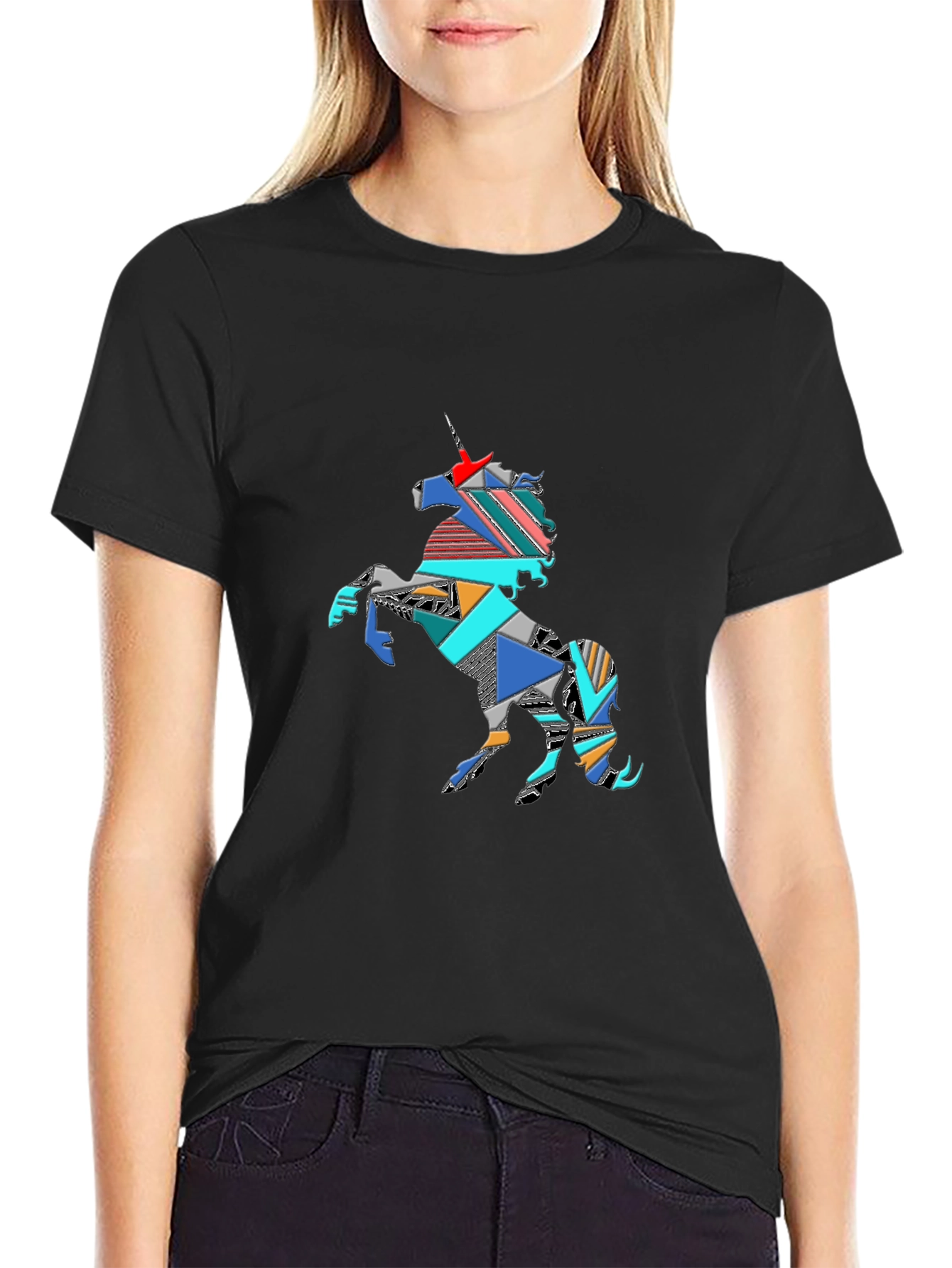 Geometric Unicorn Graphic Tee - Black Cotton