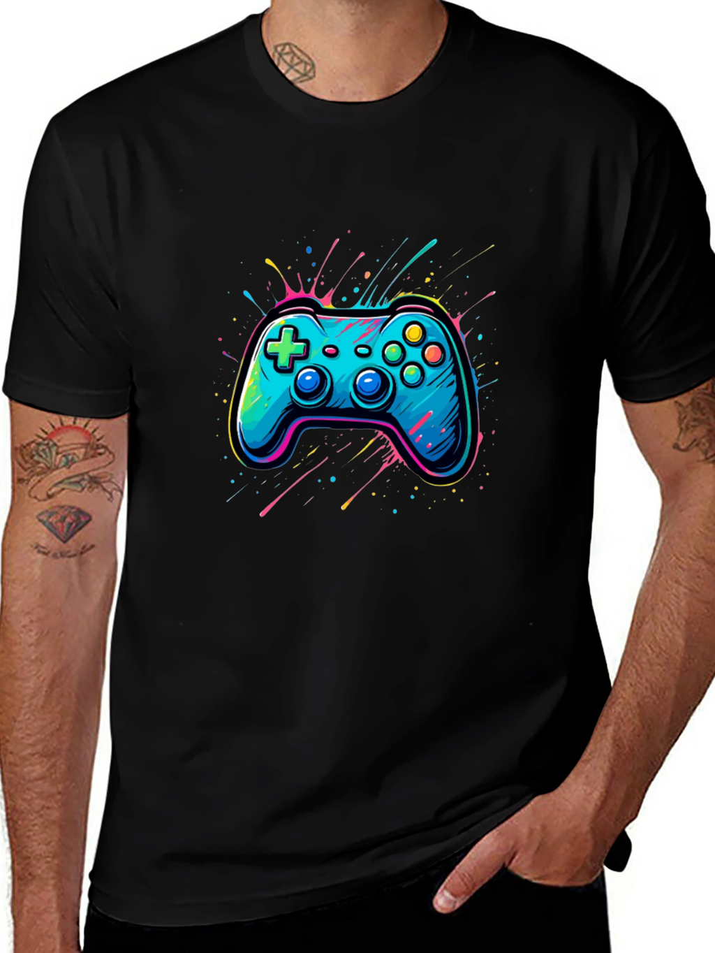 Gamer Tee: Neon Controller Graphic Black T-Shirt