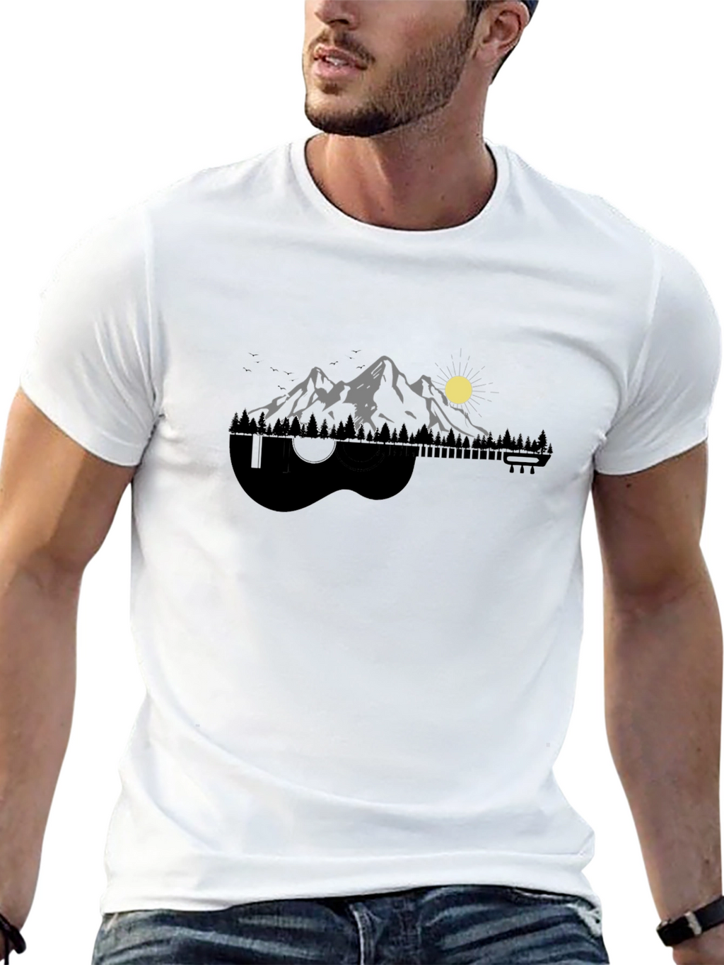 Guitar Mountainscape Graphic Tee - Nature Music Lover Shirt