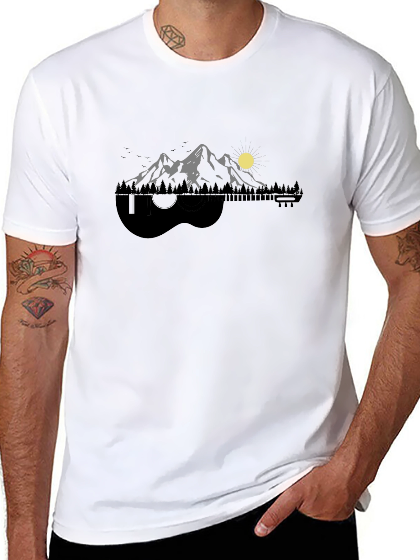 Guitar Mountainscape Graphic Tee - Nature Music Lover Shirt