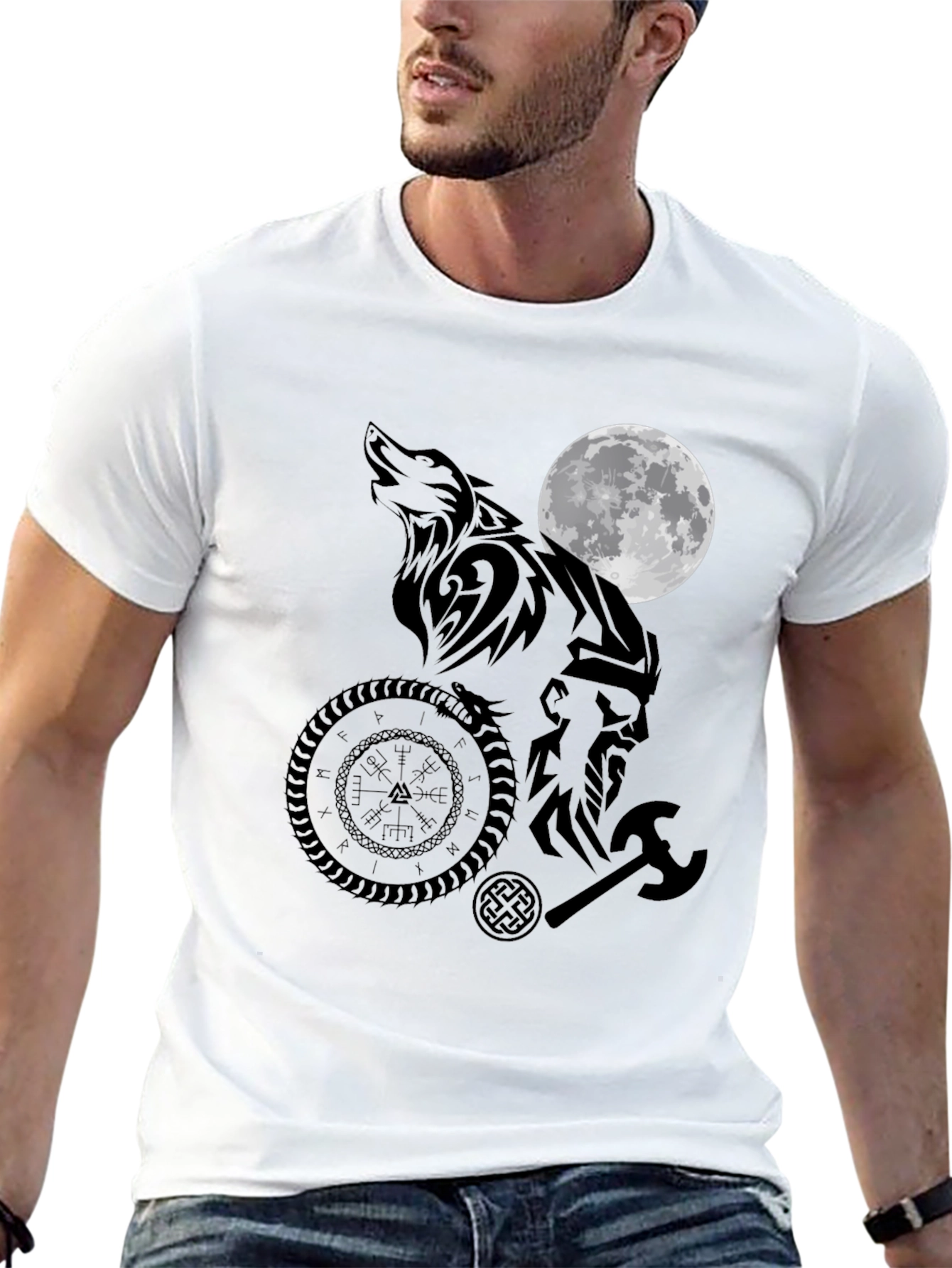 Viking Wolf Moon Graphic Tee - Black