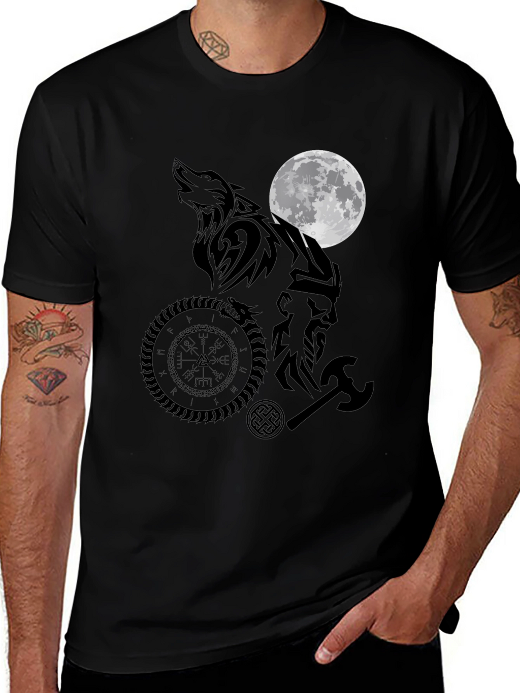 Viking Wolf Moon Graphic Tee - Black