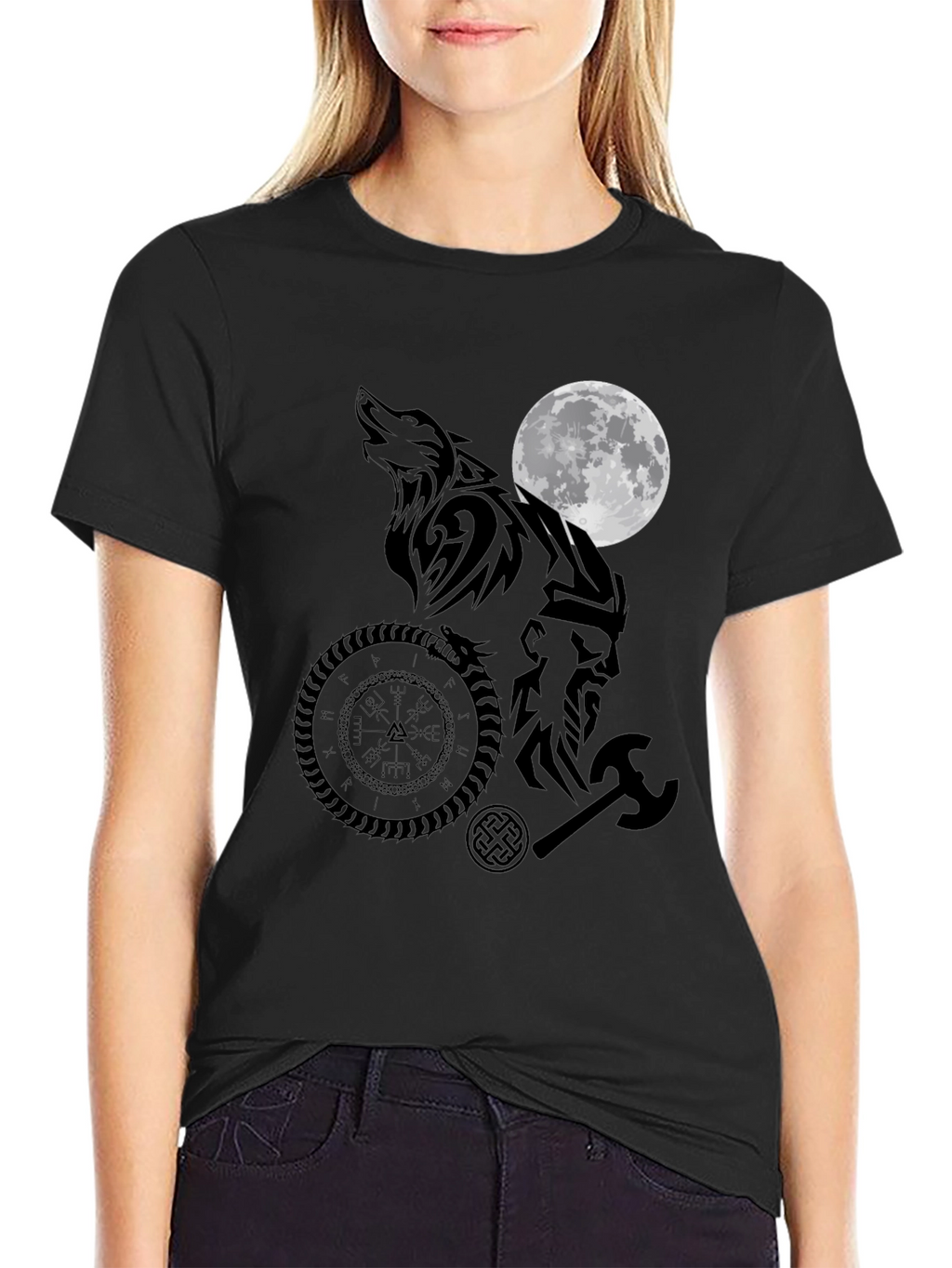 Viking Wolf Moon Graphic Tee - Black