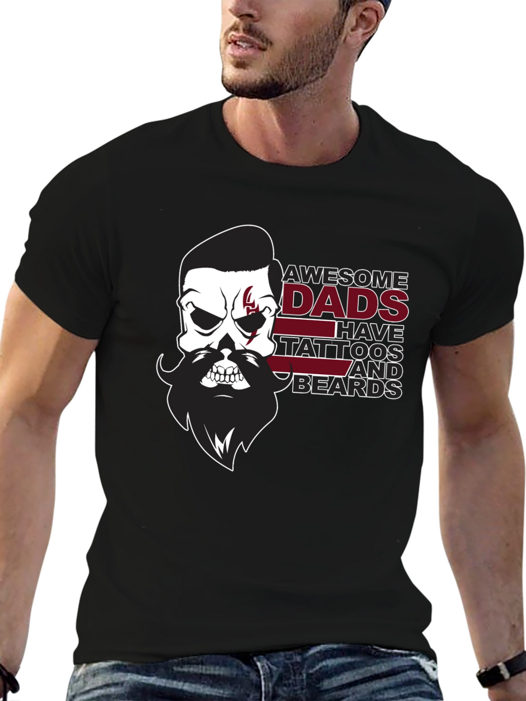 Awesome Dads Skull Tattoo & Beard Black T-Shirt