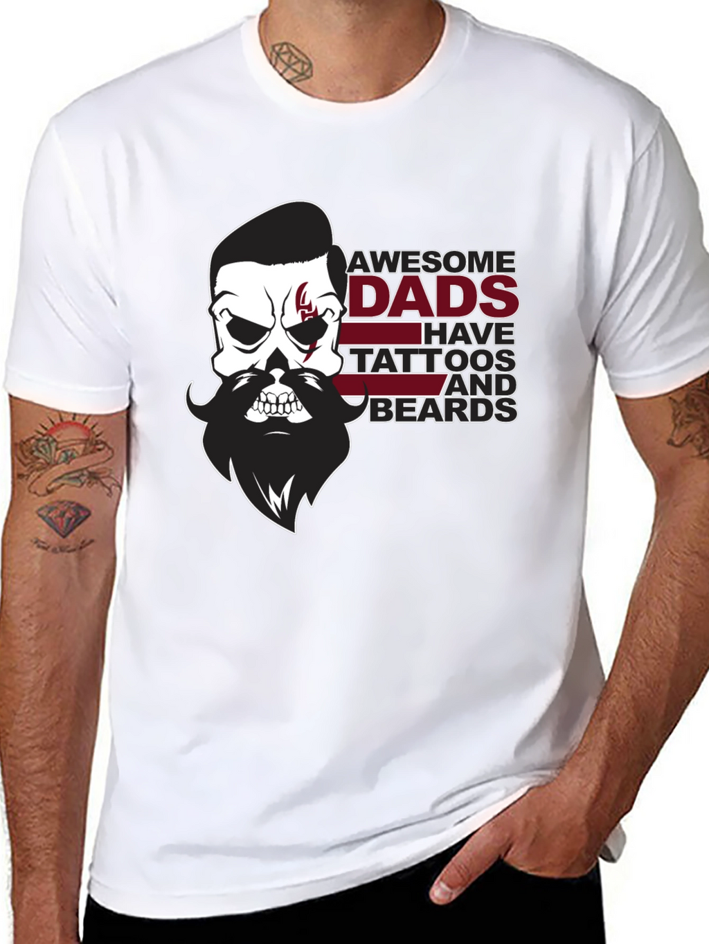 Awesome Dads Skull Tattoo & Beard Black T-Shirt