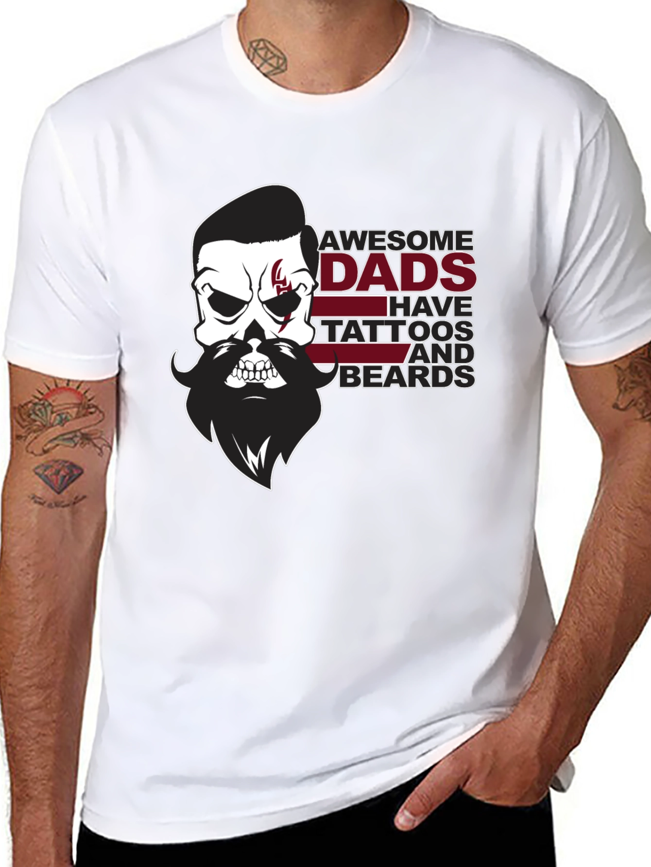 Awesome Dads Skull Tattoo & Beard Black T-Shirt