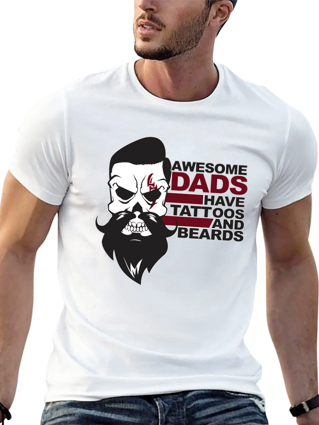 Awesome Dads Skull Tattoo & Beard Black T-Shirt