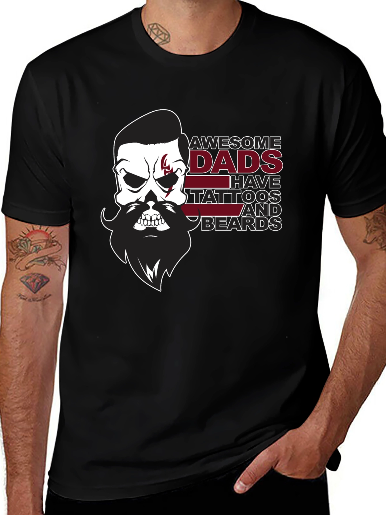 Awesome Dads Skull Tattoo & Beard Black T-Shirt